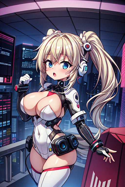 4K,hight resolution,One Woman,White blonde hair,poneyTail,head phone,Colossal tits,ninjartist,White Cybersuit,Cyberpunk Handgun,underground city、red blush、Opening Mouth、