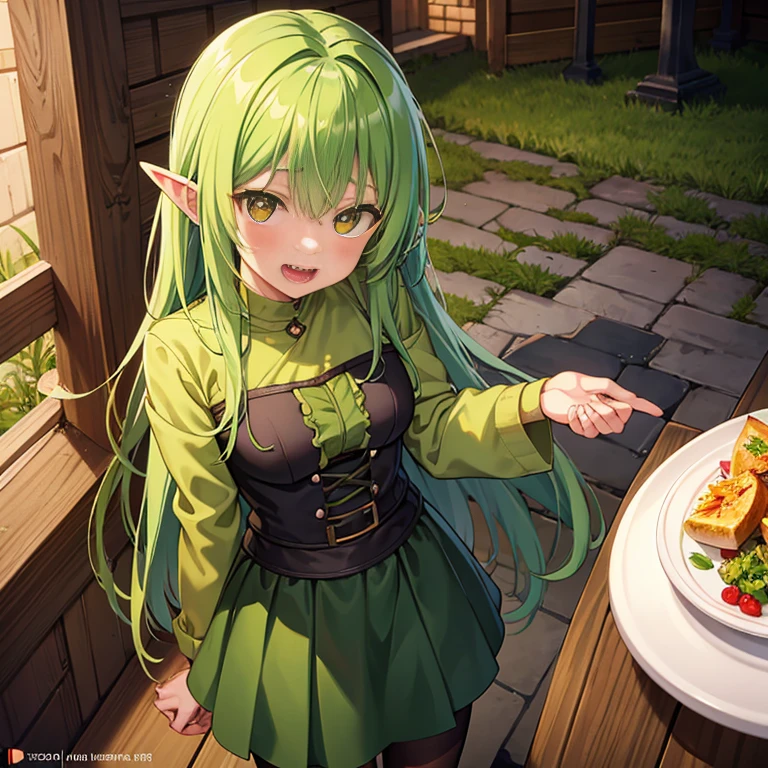 Anime illustration of a goblin girl with messy hair and green skin and sharp teeth standing in a medieval tavern