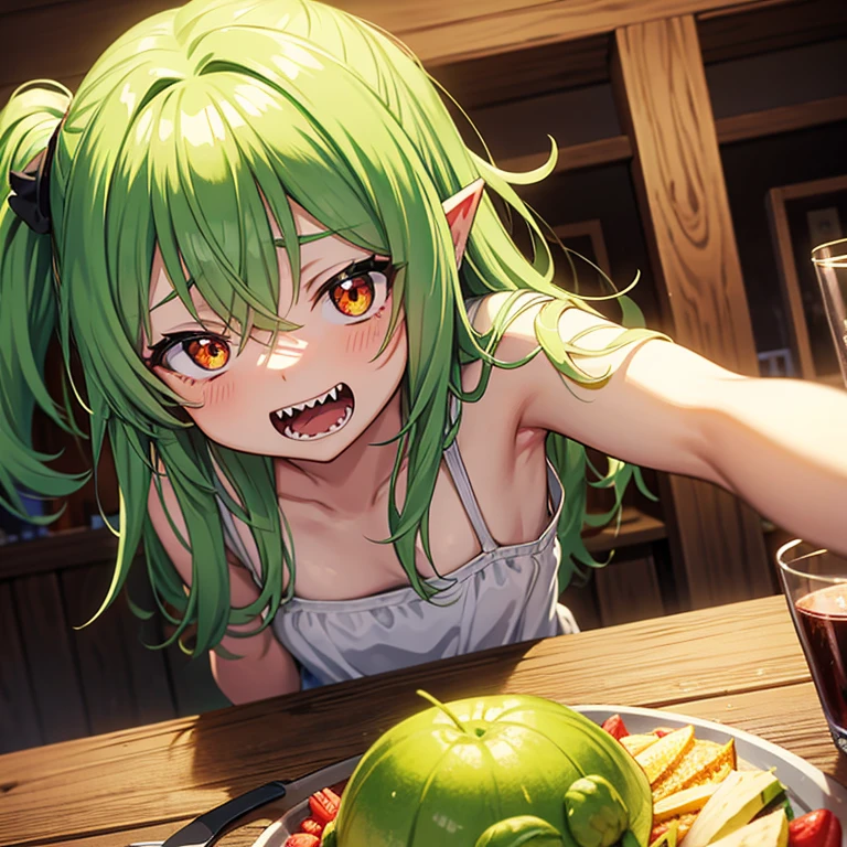 Anime illustration of a goblin girl with messy hair and green skin and sharp teeth standing in a medieval tavern