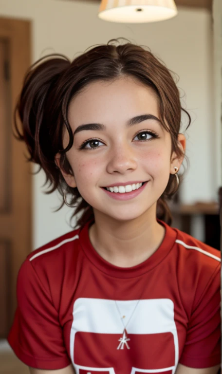 Photo of a -old amean girl, .RAW, beautiful teenage girl, (Long brown hair with ponytail), light brown hair ponytail hairstyle((retrato)), ((Cara detallada:1.2)), ((Detailed facial features)), (Piel finamente detallada) , (Masutepiece) (proporciones perfectaotos realistas)(La mejor calidad) (Detallado) fotografiado con una EOS R5 de Canon, Lente de 50 mm, f/2.8, NffSW, (8k) (papel tapiz) (cinematic lighting) (Dramatic lighting) (foco nítido) (Enrevesado) senos medianos , pechos medianos , muchas pecas en mejillas y nariz , pecas en pecho, cuerpo completo , hermoso cuerpo de mujer adolesente, lindo maquillaje , gran sonrisa , mujer delgada escultural , ropa de base ball , ropa deportiva , foto de cuerpo completo , pose de la victoria , Lynn loud , escrito en playera Lynn Loud