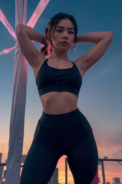 NSFW fit Aisian female model in the Aerial Fabric Ribbon Workout yoga ribbon silk bungee gym fitness center wearing croptop midriff polyester, nylon, and spandex, zoomed in, the sky is full of dramatic colors and hues and urban skyline is lit up at dusk for a photo backdrop with cinematic lighting