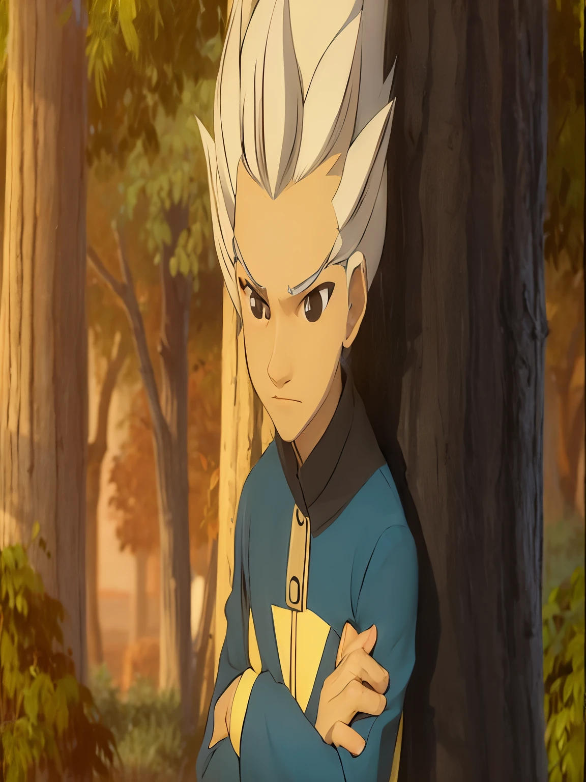 a young man in a blue shirt standing next to a tree, pointy white hair and brown eyes.