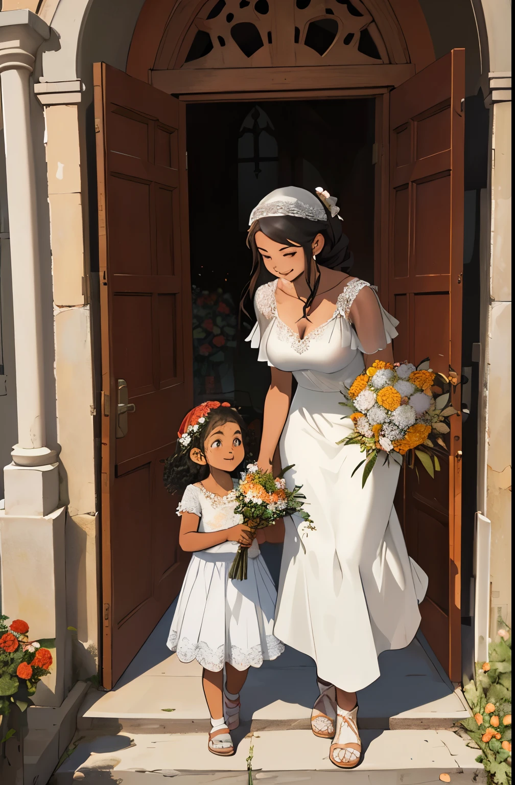 Desenhe um jovem com topete e pele parda, handing a bouquet of flowers to a young girl, at the door of an evangelical church