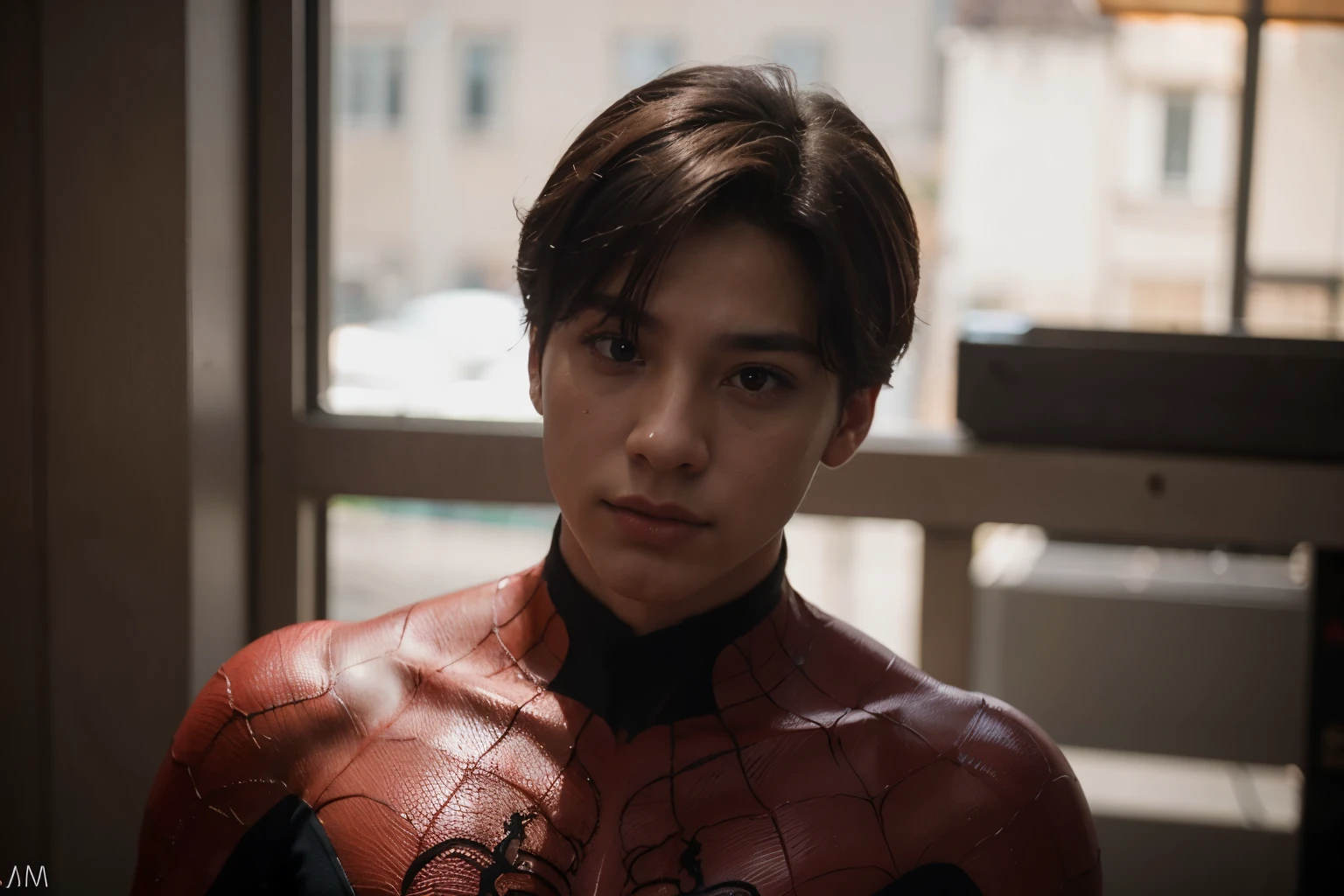Uma fotografia do Jungkook do BTS fantasiado de homem aranha, rosto bem detalhado, qualidade boa