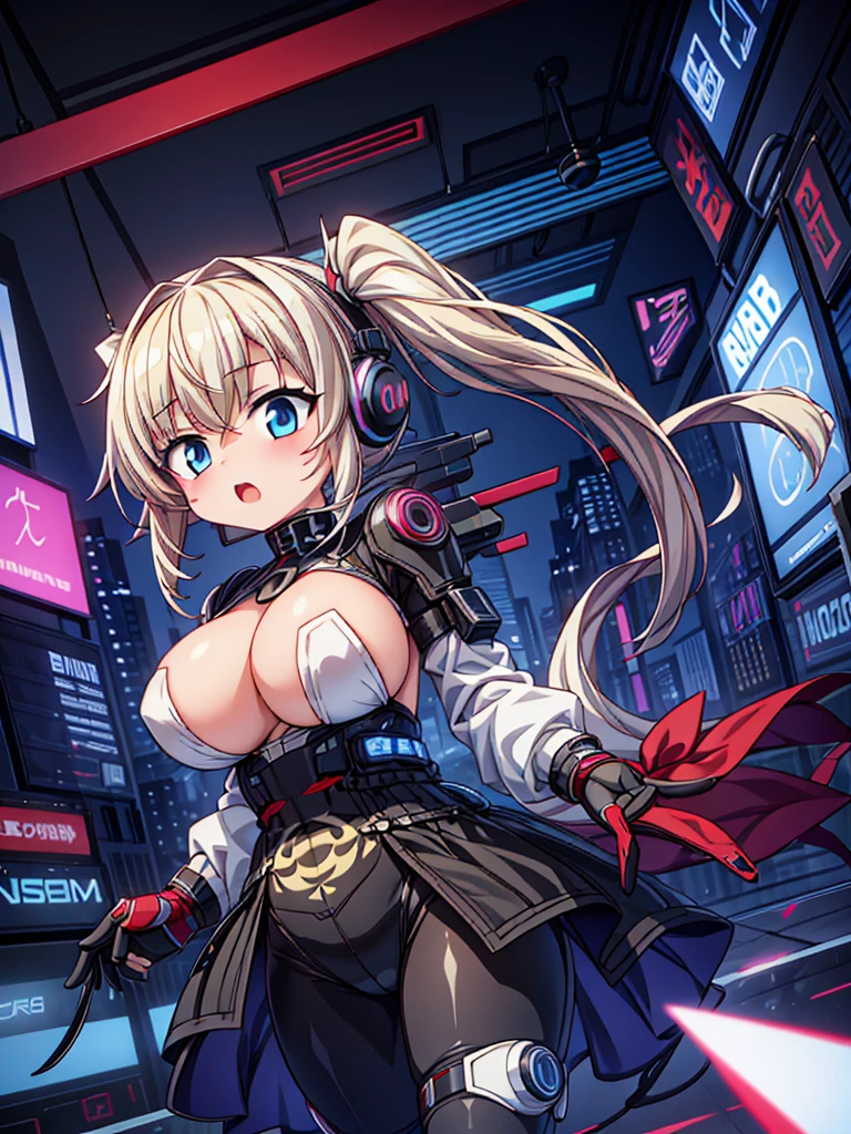 4K,hight resolution,One Woman,White blonde hair,poneyTail,head phone,Colossal tits,ninjartist,White Cybersuit,Cyberpunk Handgun,underground city、red blush、Opening Mouth、