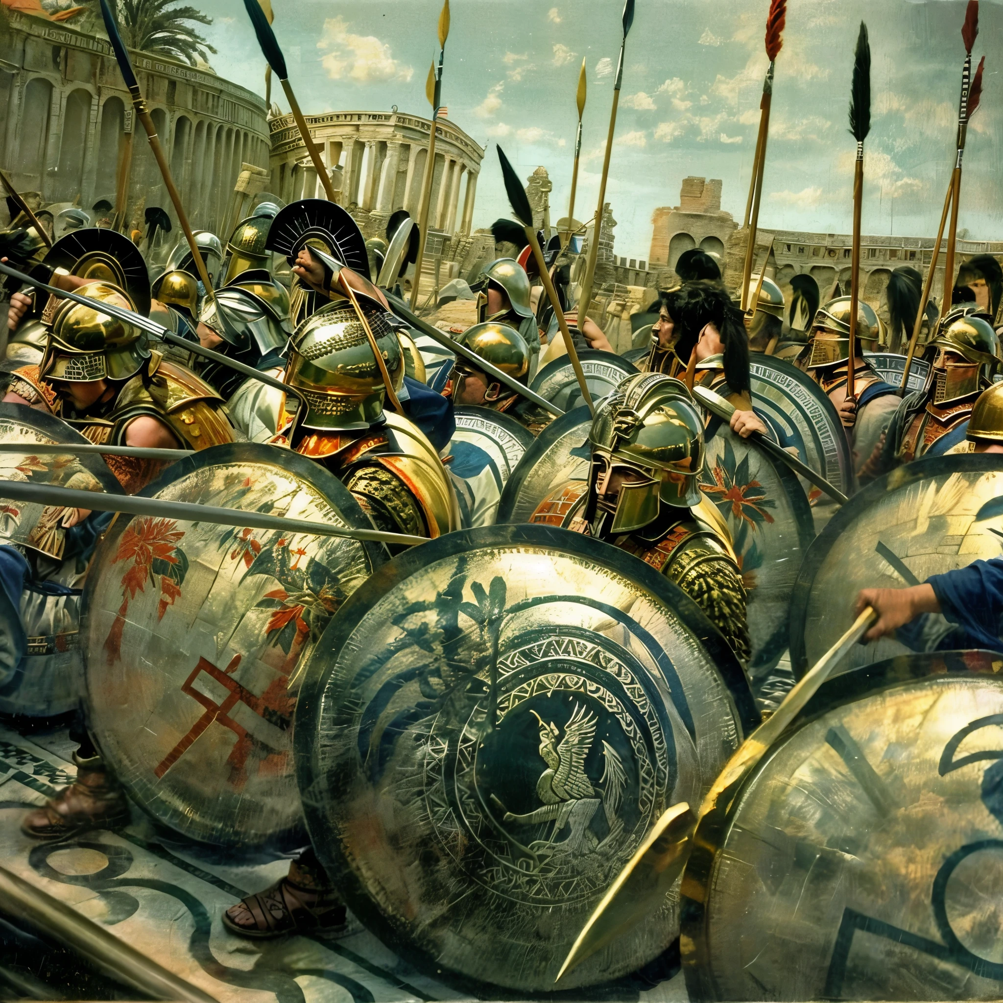 photography of a group of soldiers wearing linothorax armor and feathered helmet and greaves and sandals, standing on a hill, dry, summer, mediterranean landscape, holding shield, holding spear, with shields and spears, leading spartans into battle, fall of rome, trojan war, in battle, sneering roman legioneer, epic battlescene, beware the ides of march, ancient battlefield, 4 0 0 , the fall of rome, huge armies, by Artur Tarnowski, aftermath of a huge battle