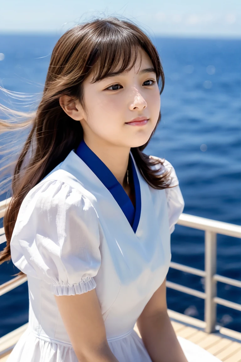 A beautiful girl wearing a summer dress with a white U-shaped collar、*****************、japanes、Gazing at the sea from the deck of a ship、No bulge in the chest、Wheat-colored　The skin、heavy wind、Luxury liner、少し日焼けしたThe skin、