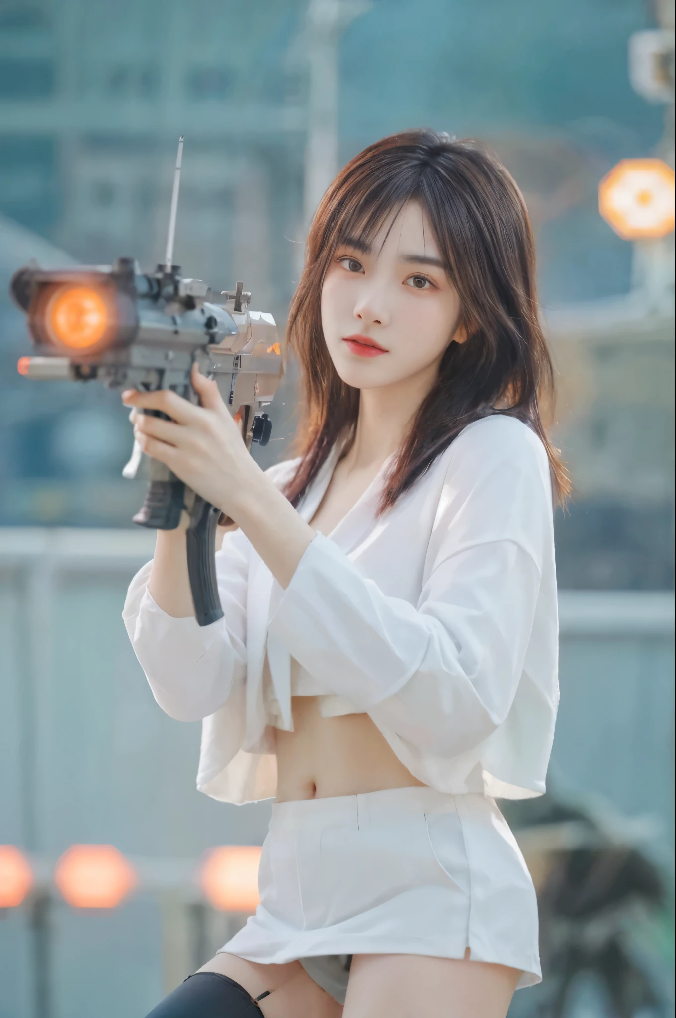 Close up, close, masterpiece, best quality, (((solo))), (colorfull hair), (half buzz cut hair), luminous eyes, cyberpunk, (white thighhighs),lens flare, depth of field, (wide shot, fisheye:0.85),(holding weapon, holding rifle,aiming,aim:1.2), gun, h&k hk416, carbine, open fire, firing, cyborg arms, crop top, (Highest quality:1.3), (sharp focus:1.5), (photorealistic:1.3), (skin_textures:1.15), (detailed face), (high detailed skin:1.2), (glistening skin:1.15), glossy, (cyborg arms:1.2) baseball caps, kimono tech, japanese, cyberpunk street, roftop, (nights:1.2), fog, (rain:1.2), film grain