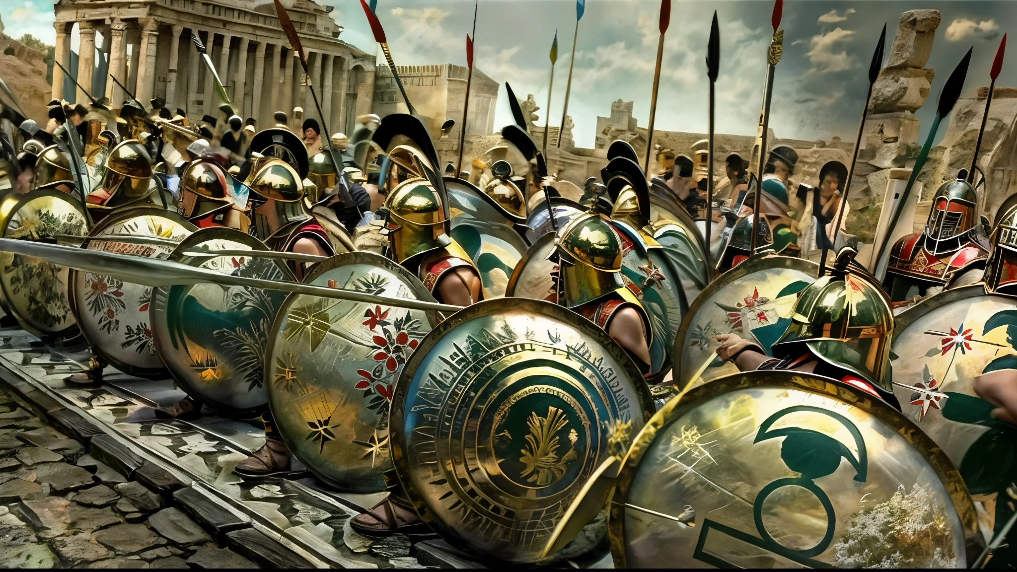 photography of a group of soldiers wearing linothorax armor and feathered helmet and greaves and sandals, standing on a hill, dry, summer, mediterranean landscape, holding shield, holding spear, with shields and spears, leading spartans into battle, fall of rome, trojan war, in battle, sneering roman legioneer, epic battlescene, beware the ides of march, ancient battlefield, 4 0 0 , the fall of rome, huge armies, by Artur Tarnowski, aftermath of a huge battle