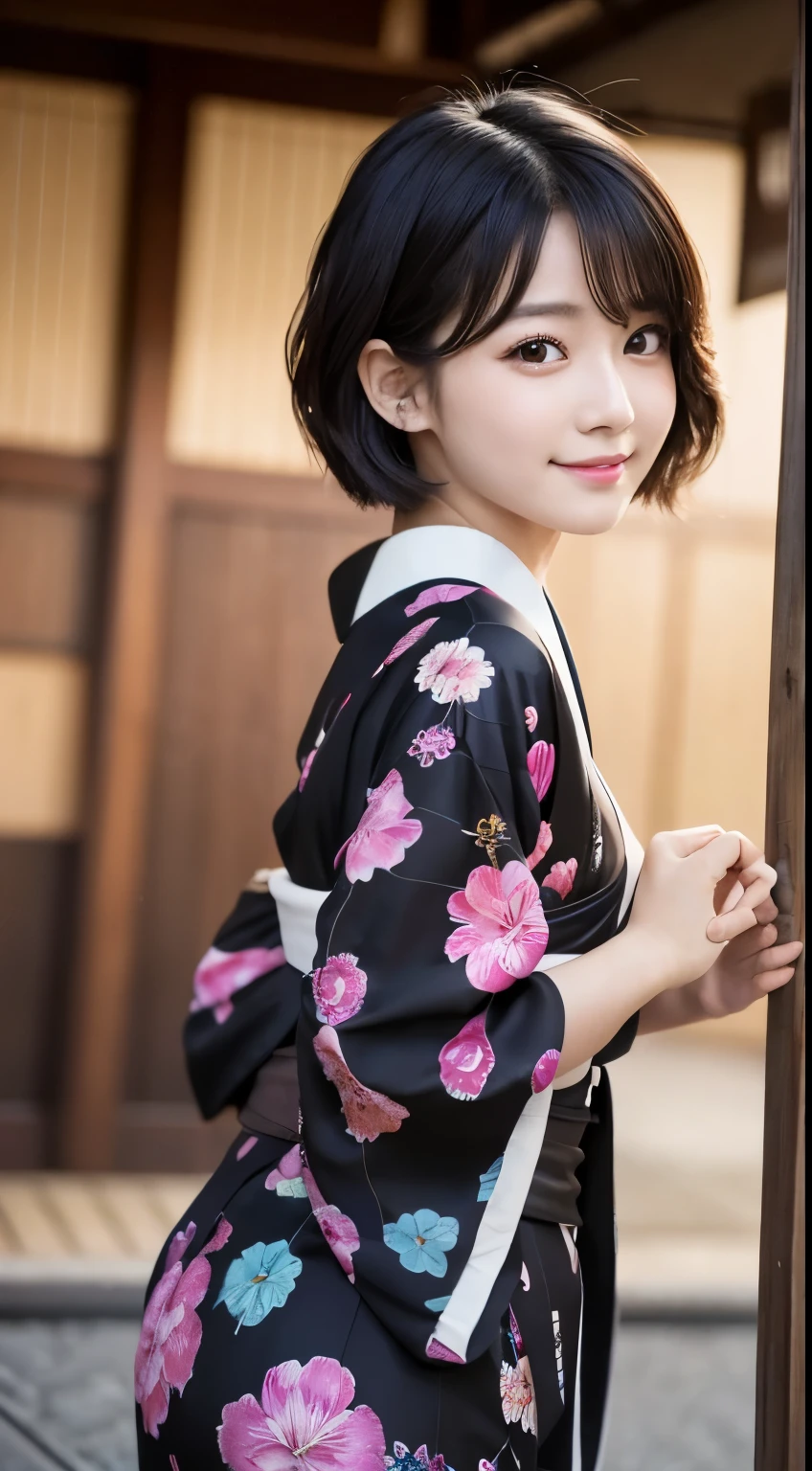 Best-quality, Masterpiece, Ultra-High-Resolution, (Photorealistic:1.4), Raw-Photo, Extremely-Details, Perfect-Anatomy, 1girl, the most famous Japanese idol, innocent-smile, wearing only extremely gorgeous KIMONO with blighted color, upturned ass wearing extremely-gorgeous-KIMONO-with-blighted-color, cowboy-shot, extremely cute and extremely childish face like a most popular Japanese idol, extremely beautiful big-black-solid-circle-eyes, extremely beautiful black short-cut-haired, extremely beautiful realistic-skins, extremely beautiful long-eyelashes, extremely beautiful lips