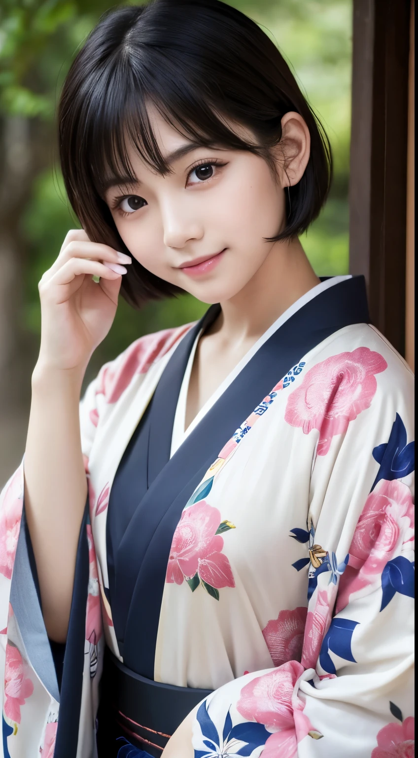 Best-quality, Masterpiece, Ultra-High-Resolution, (Photorealistic:1.4), Raw-Photo, Extremely-Details, Perfect-Anatomy, 1girl, the most famous Japanese idol, innocent-smile, wearing only extremely gorgeous KIMONO with blighted color, upturned ass wearing extremely-gorgeous-KIMONO-with-blighted-color, cowboy-shot, extremely cute and extremely childish face like a most popular Japanese idol, extremely beautiful big-black-solid-circle-eyes, extremely beautiful black short-cut-haired, extremely beautiful realistic-skins, extremely beautiful long-eyelashes, extremely beautiful lips
