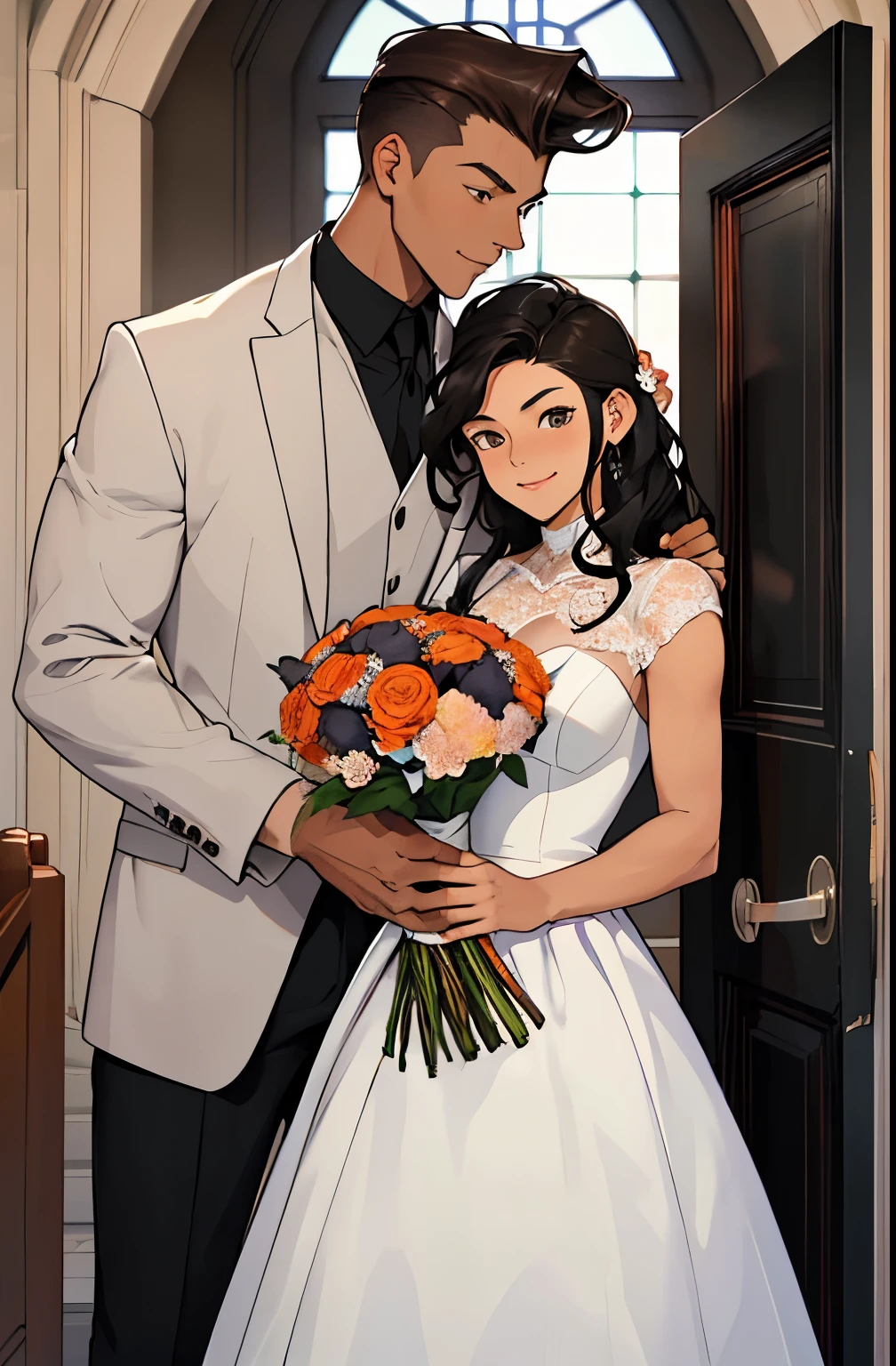 Create a young man with a pompadour and brown skin handing a bouquet of flowers to his girlfriend with long black hair at the door of a Christian church