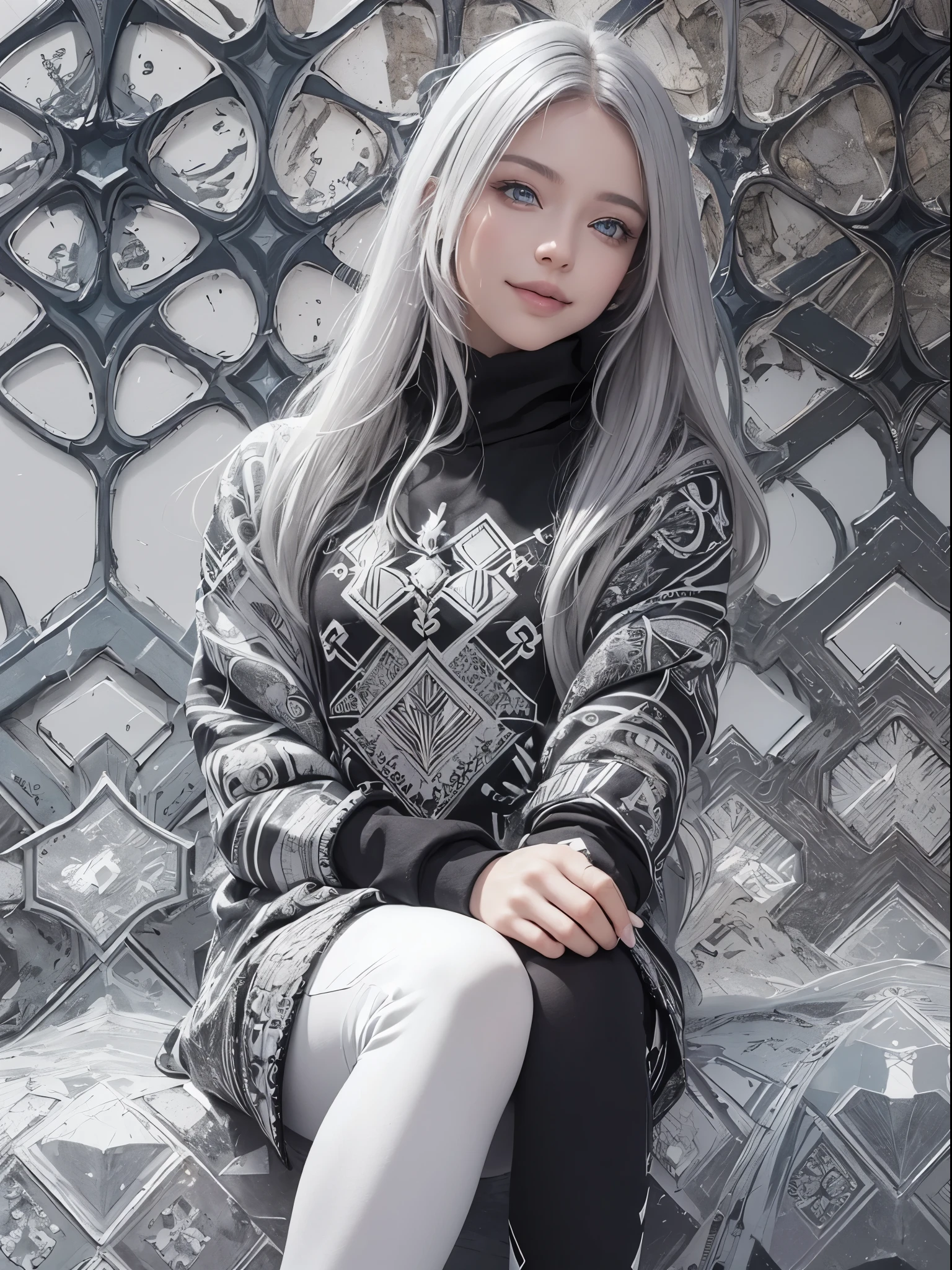 (Realistic:1.8), (Digital art:0.2), (Geometric art:1.7),(agpi official art, beautiful and aesthetic, ultra detailed, beautiful, masterpiece, best quality:1.6), (1girl:1.2), Detailed face, Detailed eyes, Detailed hair, young fingers, Detailed fingers, five fingerREAK cute ig model, Japanese cute model, 22 years old, Tightened all body, small head, small face, small mouth, diamond Face, small nose, Sharp Faceline, (dropy eyes, Double eyelid, Light color eyes, Glossy eyes, Shiny eyes:1.2), Shiny skin, shiny hair, (gray hair:1.2),
_
BREAK (happy, smile, Teeth, Glossy Lip:1.2),beautiful Teeth, from side,
_
BREAK (background:1.4), (minimalistic black and white cityscape:1.5),
(pose:1.3), (confident sitting with arms crossed:1.3), (camera focused on upper body:1.2),
(view:1.2), (close-up emphasizing sweatshirt details:1.2),
BREAK
(black theme:1.2), (oversized black hoodie with geometric cutouts and patterns:1.2), (white skinny leggings with subtle geometric patterns:1.2),