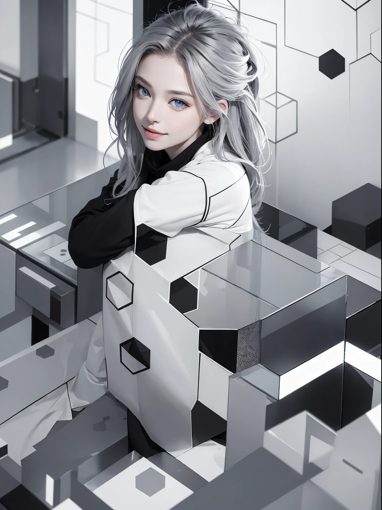 (Realistic:1.8), (Digital art:0.2), (Geometric art:1.7),(agpi official art, beautiful and aesthetic, ultra detailed, beautiful, masterpiece, best quality:1.6), (1girl:1.2), Detailed face, Detailed eyes, Detailed hair, young fingers, Detailed fingers, five fingerREAK cute ig model, Japanese cute model, 22 years old, Tightened all body, small head, small face, small mouth, diamond Face, small nose, Sharp Faceline, (dropy eyes, Double eyelid, Light color eyes, Glossy eyes, Shiny eyes:1.2), Shiny skin, shiny hair, (gray hair:1.2),
_
BREAK (happy, smile, Teeth, Glossy Lip:1.2),beautiful Teeth, from side,
_
BREAK (background:1.4), (minimalistic black and white cityscape:1.5),
(pose:1.3), (confident sitting with arms crossed:1.3), (camera focused on upper body:1.2),
(view:1.2), (close-up emphasizing sweatshirt details:1.2),
BREAK
(black theme:1.2), (oversized black hoodie with geometric cutouts and patterns:1.2), (white skinny leggings with subtle geometric patterns:1.2),