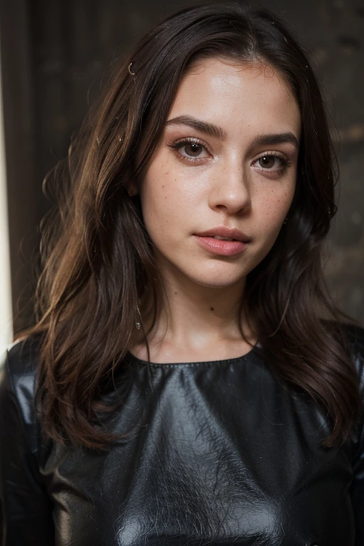 ((best quality)), ((masterpiece)), (detailed), perfect face realistic photo of beautiful woman with long dark brown hair, Russian, influencer, light freckles, dark brown eyes, big lips, no makeup, insagram, next to black wall,  wearing latex dress