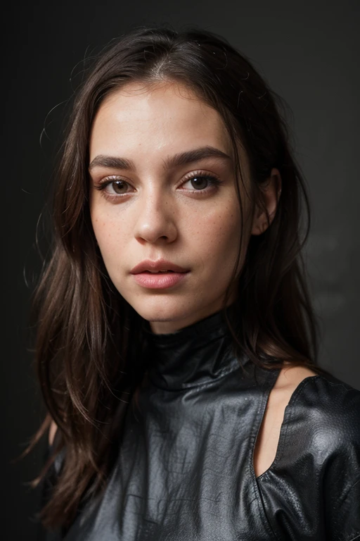 ((best quality)), ((masterpiece)), (detailed), perfect face realistic photo of beautiful woman with long dark brown hair, Russian, influencer, light freckles, dark brown eyes, big lips, no makeup, insagram, next to black wall, wearing latex dress