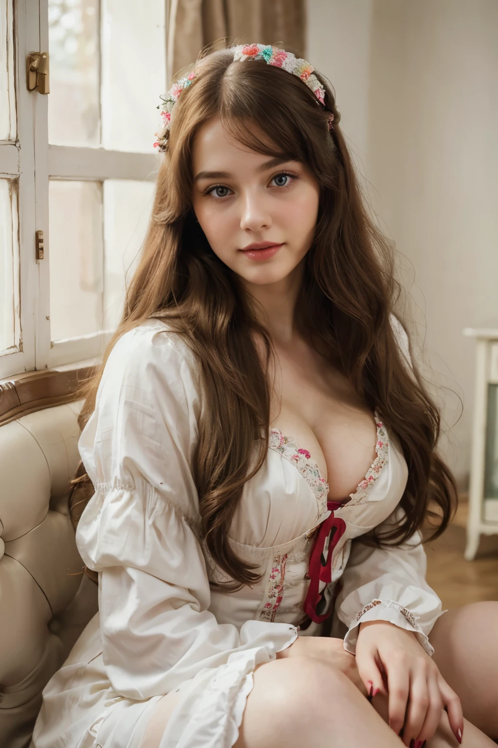 (best quality,highres),voluptuous woman with long hair, young, ta style, vibrant colors, porcelain skin, expressive eyes, playful smile, alluring charm, vintage fashion, dreamy atmosphere, soft lighting, intricate details