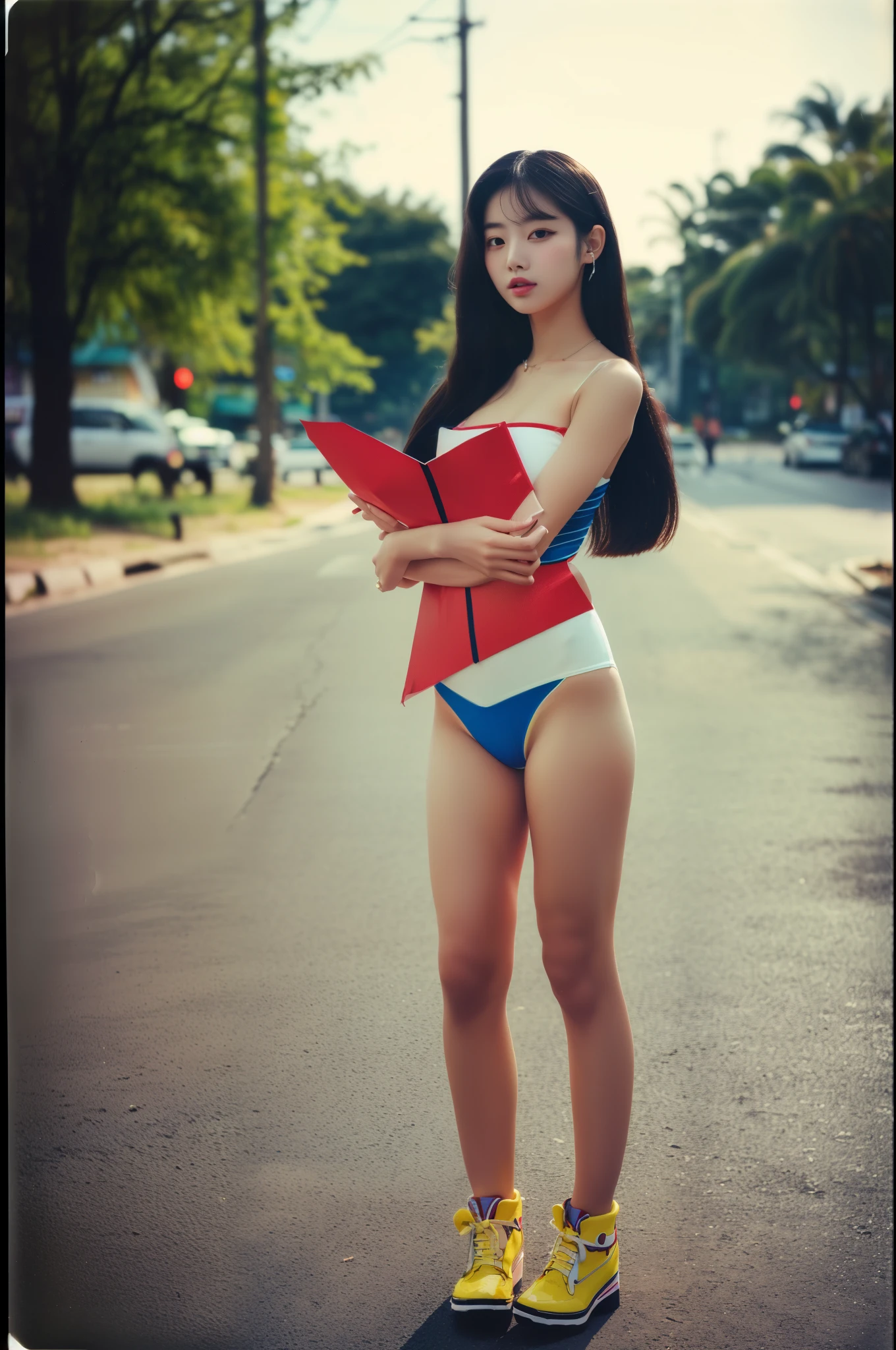 (full body:1.5)(portra 400:1.3)(instant film:1.3)( standing 1 woman in a retro vintage fashion:1.2)1 woman, Korean idols, japanese beauty, high quality, (detailed face:1.5) best quality, 8k,afterdark, twilight.