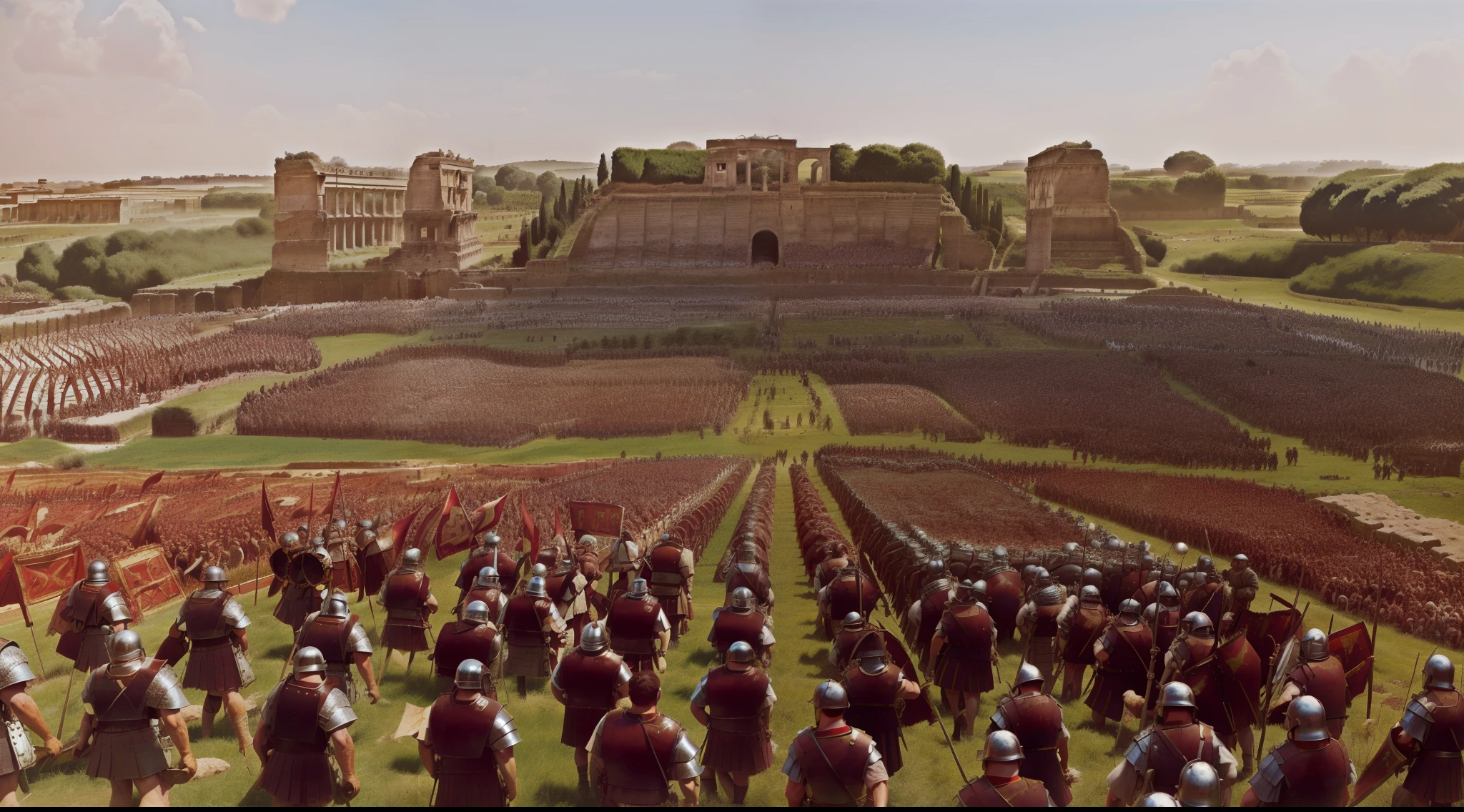 photography of a large group of people in standing in a field, invading army background, background of invading army, huge armies, roman city, fall of rome, in a gladiators arena landscape, leading spartans into battle, caesar victorious, standing on the field of battle, the fall of rome, aftermath of a huge battle, age of empires, epic battlescene