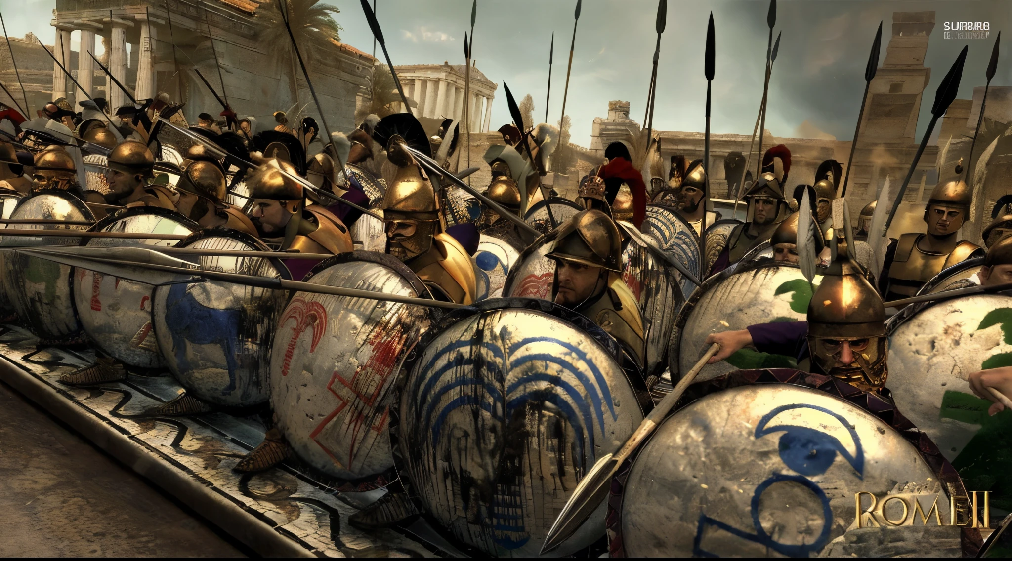 photography of a group of soldiers wearing linothorax armor and feathered helmet and greaves and sandals, standing on a hill, dry, summer, mediterranean landscape, holding shield, holding spear, with shields and spears, leading spartans into battle, fall of rome, trojan war, in battle, sneering roman legioneer, epic battlescene, beware the ides of march, ancient battlefield, 4 0 0 , the fall of rome, huge armies, by Artur Tarnowski, aftermath of a huge battle