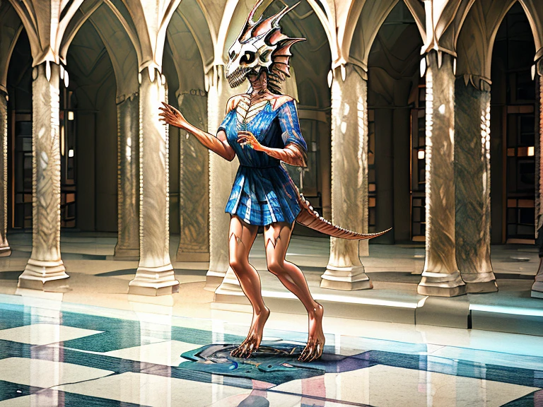 Hd, photorealistic, half transformation, close up, college girl skeletal dragon hybridization metamorphosis, dressed in casual clothes, wearing dragon skull mask, humanoid, half human, melting flesh, alone inside mythical creature natural history museum at night, standing on raised rectangular display platform, fossilization, dragon fossil metamorphosis, panicked expression