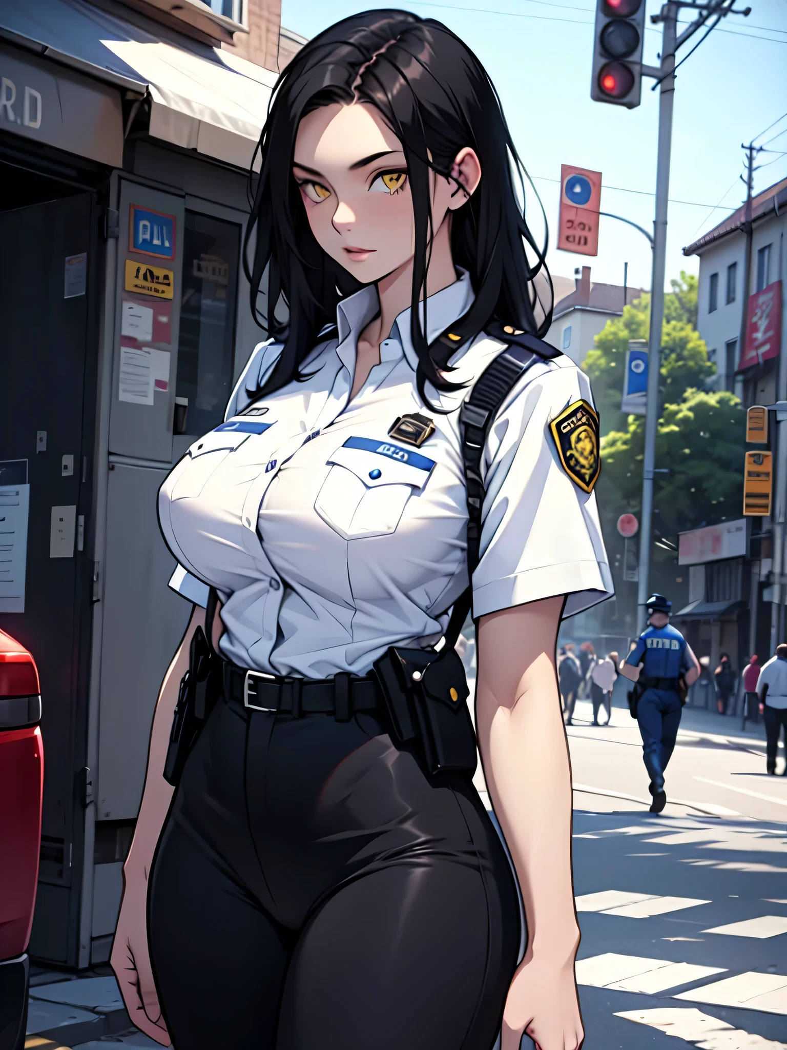 (1 girl busty) black hair yellow eyes huge breasts pale skin tight police uniform shirt