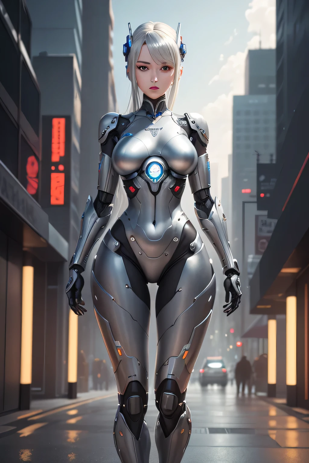 a woman in a futuristic suit with a glowing head and chest, cyberpunk art inspired by Marek Okon, cgsociety contest winner, digital art, gynoid cyborg body, girl in mecha cyber armor, cyber suit, cybersuit, in white futuristic armor, cybersuits, diverse cybersuits, gynoid body, echo from overwatch, perfect anime cyborg woman