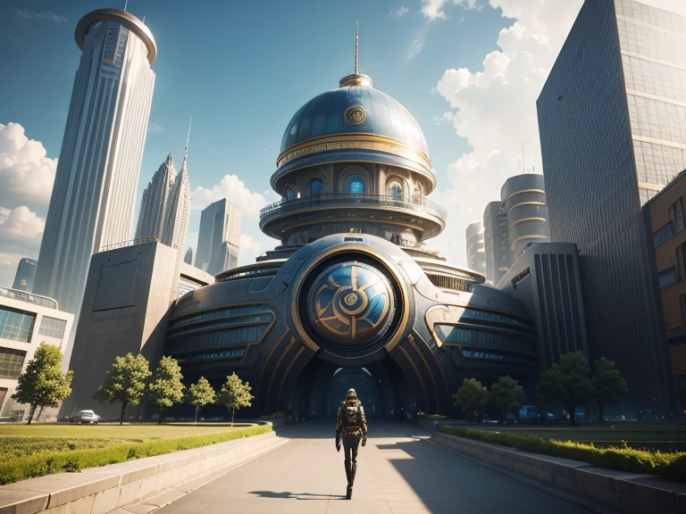 Eine futuristische Stadtlandschaft, bekannt als Tomorrowland, Mit einem beeindruckenden, fantastic design buildings,Silver is in abundance , Gold und Bronze, und Cyborgs, who stroll through the streets.