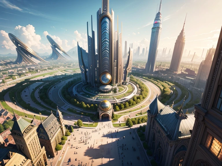 Eine futuristische Stadtlandschaft, bekannt als Tomorrowland, Mit einem beeindruckenden, fantastic design buildings，Silver is in abundance , Gold und Bronze, und Cyborgs, who stroll through the streets.