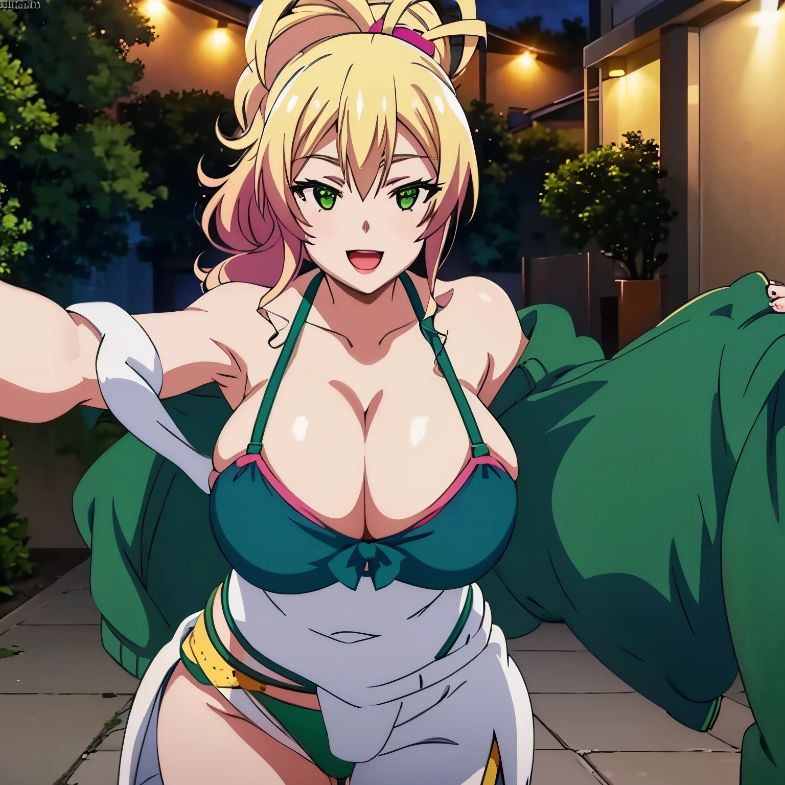 1women, solo, ((very huge tits)), slim waist, outdoor, night city, ((busty)), blonde hair, green eyes, ponytail hair, smile, green bra, green panties, open mouth, view at camera, cleavage