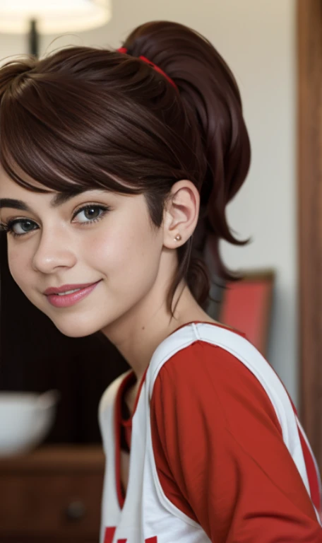 Photo of a 14 year-old american girl, .RAW, beautiful teenage girl, (Long brown hair with ponytail), light brown hair ponytail hairstyle((retrato)), ((Cara detallada:1.2)), ((Detailed facial features)), (Piel finamente detallada)  , (Masutepiece) (proporciones perfectaotos realistas)(La mejor calidad) (Detallado) fotografiado con una EOS R5 de Canon, Lente de 50 mm, f/2.8, NffSW, (8k) (papel tapiz) (cinematic lighting) (Dramatic lighting) (foco nítido) (Enrevesado) senos medianos , pechos medianos , muchas pecas en mejillas y nariz , pecas en pecho, cuerpo completo , hermoso cuerpo de mujer adolesente,  lindo maquillaje , gran sonrisa  , mujer delgada escultural , foto de cuerpo completo , posando sexy sentada , Lynn loud , sentada , viste ropa abrigadora roja , ropa de invierno roja , fondo variado , dia nevado