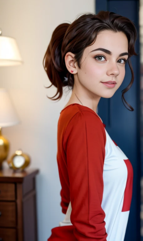 Photo of a 14 year-old american girl, .RAW, beautiful teenage girl, (Long brown hair with ponytail), light brown hair ponytail hairstyle((retrato)), ((Cara detallada:1.2)), ((Detailed facial features)), (Piel finamente detallada)  , (Masutepiece) (proporciones perfectaotos realistas)(La mejor calidad) (Detallado) fotografiado con una EOS R5 de Canon, Lente de 50 mm, f/2.8, NffSW, (8k) (papel tapiz) (cinematic lighting) (Dramatic lighting) (foco nítido) (Enrevesado) senos medianos , pechos medianos , muchas pecas en mejillas y nariz , pecas en pecho, cuerpo completo , hermoso cuerpo de mujer adolesente,  lindo maquillaje , gran sonrisa  , mujer delgada escultural , foto de cuerpo completo , posando sexy sentada , Lynn loud , sentada , viste ropa abrigadora roja , ropa de invierno roja , fondo variado , dia nevado