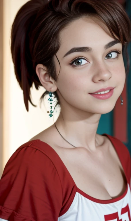 Photo of a -old amean girl, .RAW, beautiful teenage girl, (Long brown hair with ponytail), light brown hair ponytail hairstyle((retrato)), ((Cara detallada:1.2)), ((Detailed facial features)), (Piel finamente detallada)  , (Masutepiece) (proporciones perfectaotos realistas)(La mejor calidad) (Detallado) fotografiado con una EOS R5 de Canon, Lente de 50 mm, f/2.8, NffSW, (8k) (papel tapiz) (cinematic lighting) (Dramatic lighting) (foco nítido) (Enrevesado) senos medianos , pechos medianos , muchas pecas en mejillas y nariz , pecas en pecho, cuerpo completo , hermoso cuerpo de mujer adolesente,  lindo maquillaje , gran sonrisa  , mujer delgada escultural , foto de cuerpo completo , posando sexy sentada , Lynn loud , sentada , viste ropa abrigadora roja , ropa de invierno roja , fondo variado , dia nevado