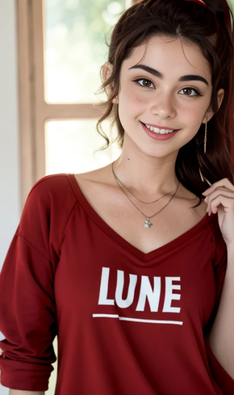 Photo of a 14 year-old american girl, .RAW, beautiful teenage girl, (Long brown hair with ponytail), light brown hair ponytail hairstyle((retrato)), ((Cara detallada:1.2)), ((Detailed facial features)), (Piel finamente detallada) , (Masutepiece) (proporciones perfectaotos realistas)(La mejor calidad) (Detallado) fotografiado con una EOS R5 de Canon, Lente de 50 mm, f/2.8, NffSW, (8k) (papel tapiz) (cinematic lighting) (Dramatic lighting) (foco nítido) (Enrevesado) senos medianos , pechos medianos , muchas pecas en mejillas y nariz , pecas en pecho, cuerpo completo , hermoso cuerpo de mujer adolesente, lindo maquillaje , gran sonrisa , mujer delgada escultural , foto de cuerpo completo , posando sexy sentada , Lynn loud , sentada , viste ropa abrigadora roja , ropa de invierno roja , fondo variado , dia nevado