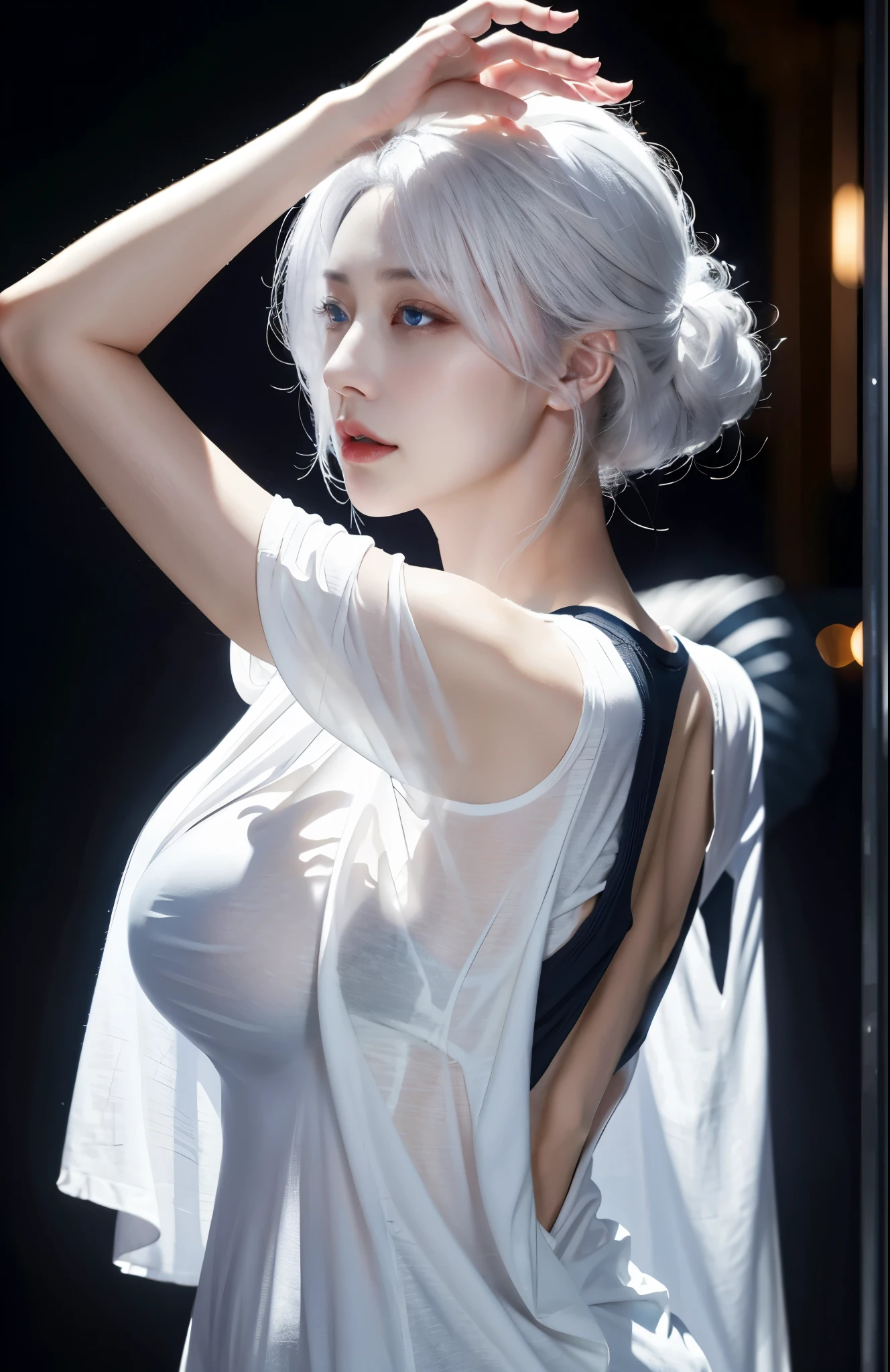 Realistic, high resolution, upper body, 1 woman, white hair, glowing eyes, shirt, transparent garment, 8K, CG, seduction, goddess, hands on the back of the head