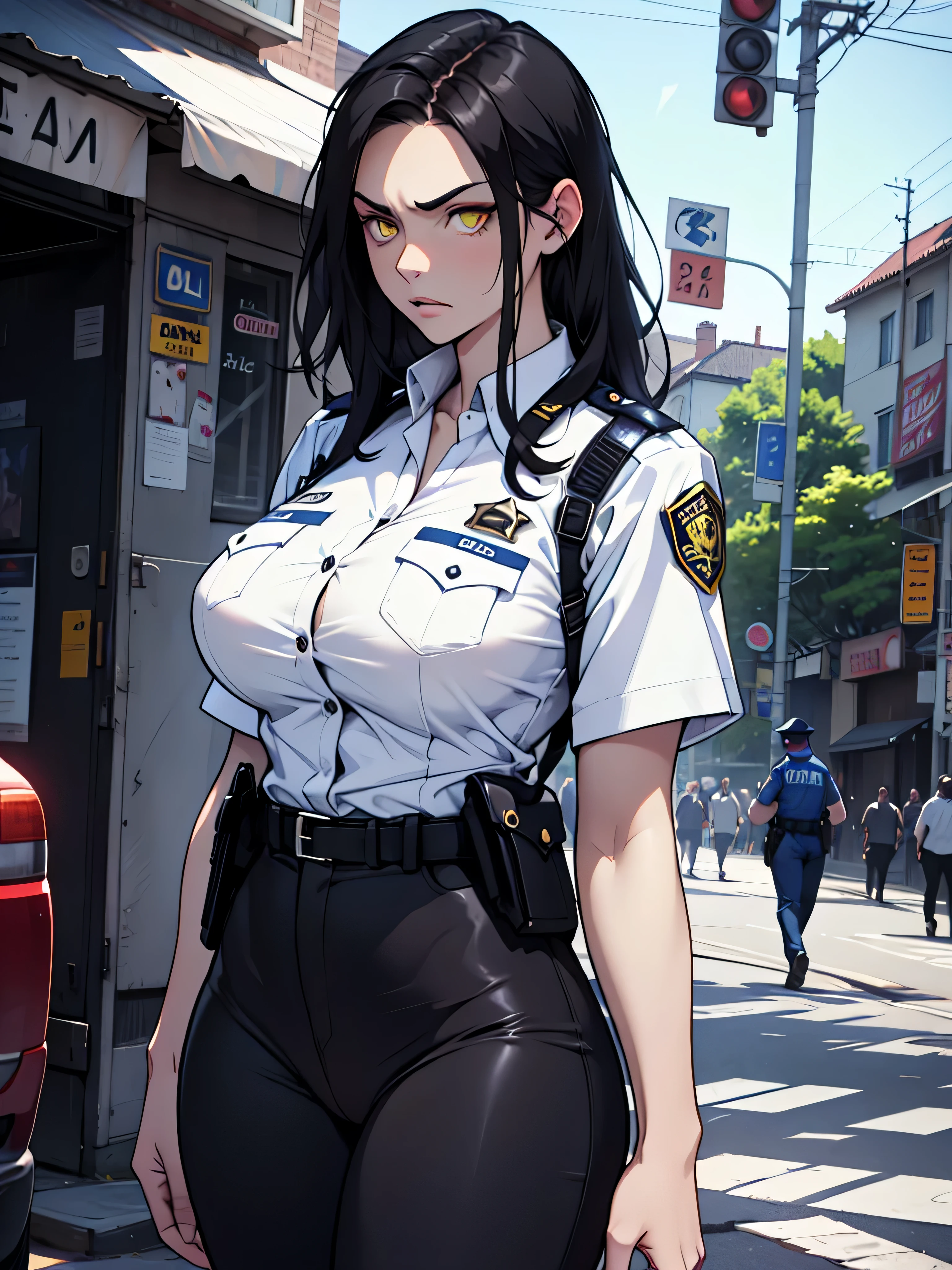 (1girl), black hair, extremely long hair, yellow eyes, ((((muscular)))), (huge breasts), (thick thighs), solo, angry, (pale skin), cowboy shot, (police uniform)