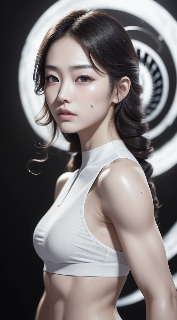 mind control, (master piece, Ultra Quality, ultra high resolution, 8k, intricate: 1.2), (Detailed face:1.2), beautiful, young Korean, white skin, double eyelids, detailed skin, 1 girl, ((realistic)), Abs, good lighting quality, muscular veins, ((pale skin)), (Drooling:1.2), side view, lust face, (see spiral on TV:1.3), (pop viewer:1.3)