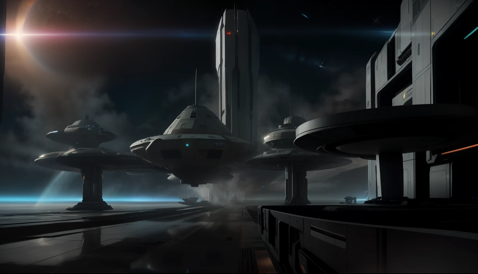 a view of a space station with a spaceship flying over it, space opera and dystopian style, arte sci-fi detalhada, an epic sci-fi movie still, depicted as a scifi scene, arte scifi premiada, an epic space ship scene, bela arte sci fi, megaestrutura de fundo, Space Sci - Fi, epic sci-fi movie still, epic megastructure