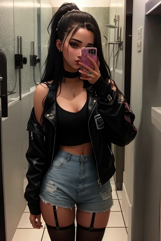 There is a woman taking a selfie in a public bathroom, mall goth, in the bath, Ella lleva ropa de calle, grunge aesthetic, 18 years old, selfie en espejo, hermosa poarch, in a bathroom, 1 6 years, goth girl aesthetic, Ambiente cyberpunk, vibrant aesthetic, Cerveza Soft Devil Queen Madison, De pie frente a un espejo, estudiante, Mix of aesthetics