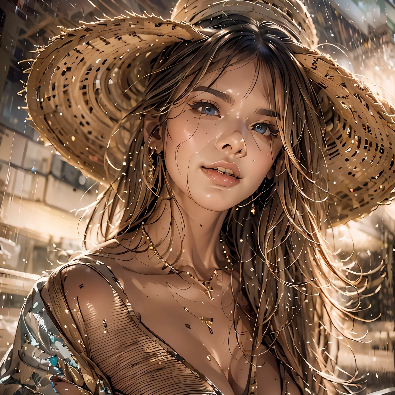 melhor qualidade, ultra-detalhado, realista, top model, ((new model low cut bikini))corte alto, lindo rosto e corpo detalhados, glamoroso, profissional, elegante, fundo de praia, cores vivas, charismatic expression of the model, pose feroz, straw hat, sexy looking, alta estilo de moda, obra-prima: 1.2, studio illumination, bokeh, ((micro bikini))