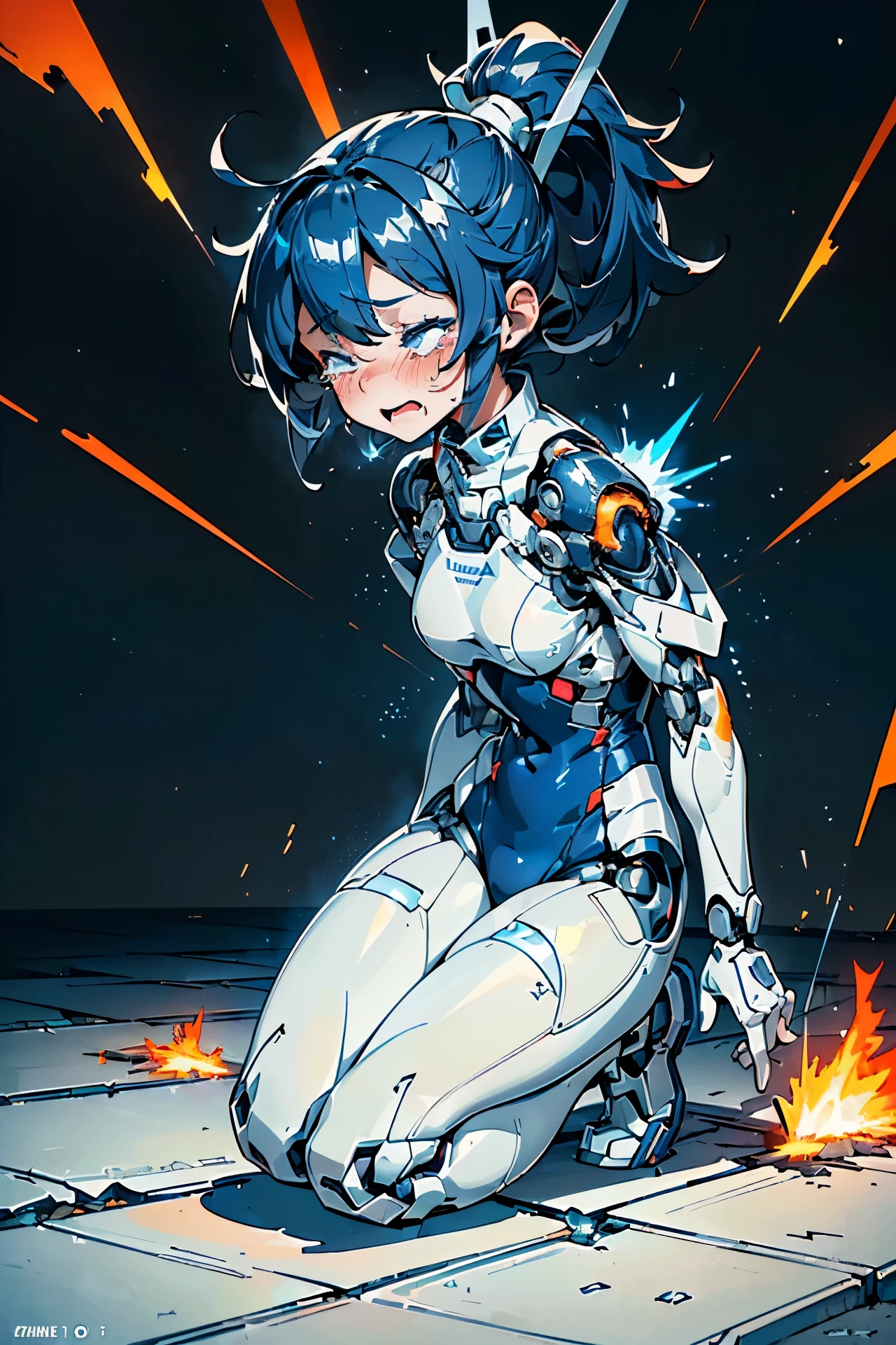 (((masterpiece))), Girl Robot, (li:1.4), (Gamine:1.5), (Streamlined body based on pure white1.4), White and navy blue pilot suit, White and navy blue tight-fitting clothing, White and navy blue thigh cover pants, White and navy blue shoulder cover clothes, White and navy blue shiny clothes, Navy blue tight-fitting pants that hide the legs, (body disassembled into pieces:1.4), (There are many cracks and scratches on the body and thighs.:1.4), (Machines and cables visible through the gap in the body:1.4), (My body overheated and exploded.:1.4), (My overheated body exploded:1.4), (The overheated body emitted a large amount of sparks and exploded.:1.4), (My body overheated and exploded.:1.2), (A body divided into fragments:1.5), (The torso exploded、A large amount of flame erupts from the cracks in the body and from the mouth.:1.4), (Mouth open:1.4), (Both eyes are closed:1.4), (Close both eyes:1.4), (Crying hard:1.4), (Dark blue hair ponytail:1.4), (Get down on both knees:1.4), (Mechanical joints:1.4), (Machine body:1.4), (From Side:1.3), (Looking away:1.3), mecha musume, Mechanical parts, Robot joints, Headgear