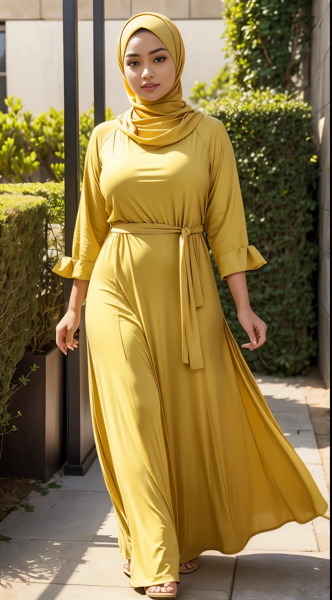 ( Close Up),RAW, Best quality, high resolution, masterpiece: 1.3), beautiful Malay woman in hijab,Masterpiece, perfect fit body, big breast,big gorgeous eyes, Soft smile,beutiful face,thick thighs, woman in a long skirt and a yellow shirt is standing in a room, fashion clothing, long dress with apron, digital art - w 640, long dress female, 1 9 2 0 cloth style, vintage - w 1 0 2 4, modest flowing gown, fashion clothes, casual modern clothing, warmer and softer colours, dress and cloth  , (Delicate turtleneck) , shairband, afternoon walk, City garden, Excellent lighting, Bright colors, Clean lines,