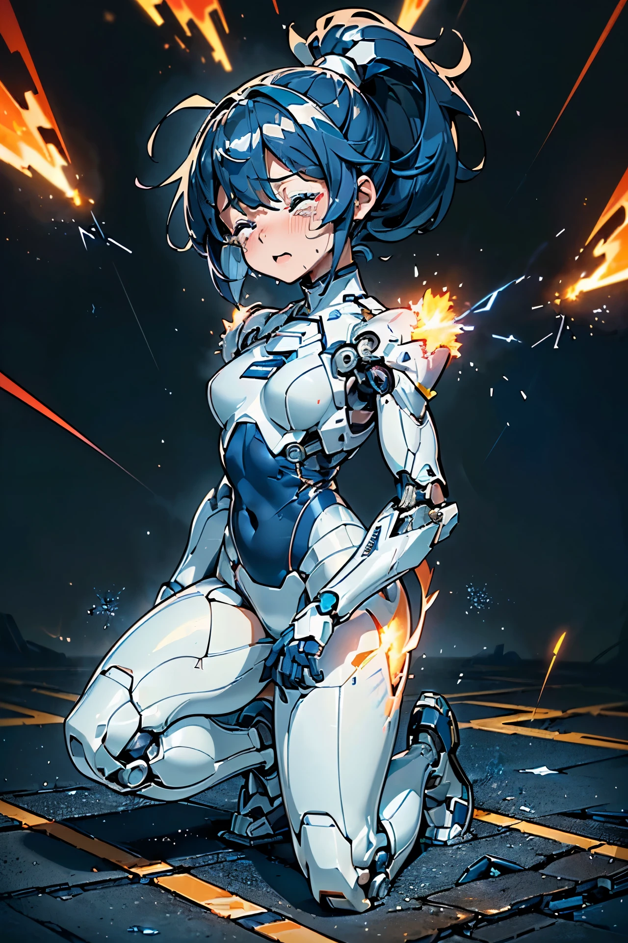 (((masterpiece))), Girl Robot, (loli:1.4), (Gamine:1.5), (Streamlined body based on pure white1.4), White and navy blue pilot suit, White and navy blue tight-fitting clothing, White and navy blue thigh cover pants, White and navy blue shoulder cover clothes, White and navy blue shiny clothes, Navy blue tight-fitting pants that hide the legs, (body disassembled into pieces:1.4), (There are many cracks and scratches on the body and thighs.:1.4), (Machines and cables visible through the gap in the body:1.4), (My body overheated and exploded.:1.4), (My overheated body exploded:1.4), (The overheated body emitted a large amount of sparks and exploded.:1.4), (My body overheated and exploded.:1.2), (A body divided into fragments:1.5), (The torso exploded、A large amount of flame erupts from the cracks in the body and from the mouth.:1.4), (Mouth open:1.4), (Both eyes are closed:1.4), (Close both eyes:1.4), (Crying hard:1.4), (Dark blue hair ponytail:1.4), (Get down on both knees:1.4), (Mechanical joints:1.4), (Machine body:1.4), (From Side:1.3), (Looking away:1.3), mecha musume, Mechanical parts, Robot joints, Headgear
