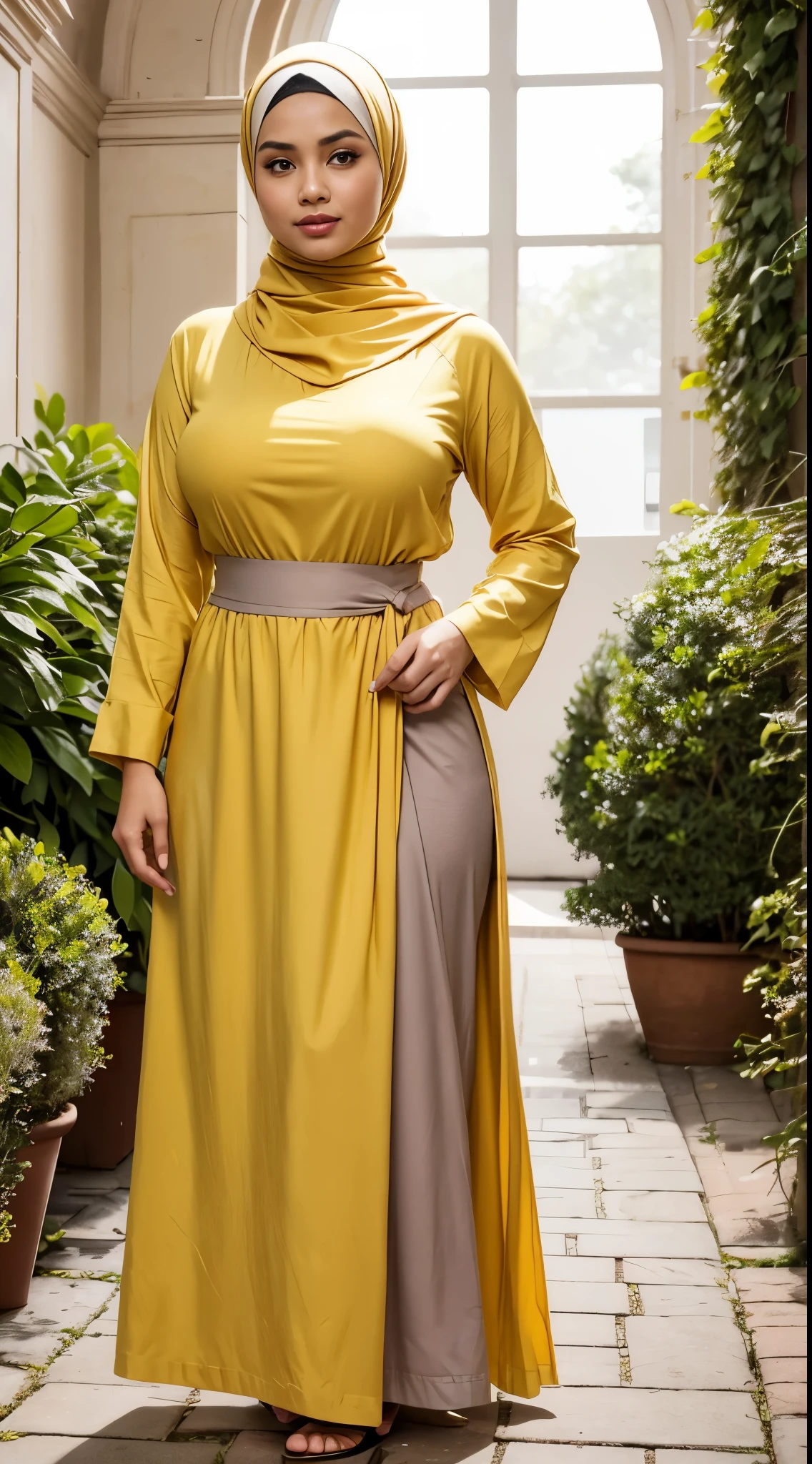 ( Close Up),RAW, Best quality, high resolution, masterpiece: 1.3), beautiful Malay woman in hijab,Masterpiece, perfect fit body, big breast,big gorgeous eyes, Soft smile,beutiful face,thick thighs, woman in a long skirt and a yellow shirt is standing in a room, fashion clothing, long dress with apron, digital art - w 640, long dress female, 1 9 2 0 cloth style, vintage - w 1 0 2 4, modest flowing gown, fashion clothes, casual modern clothing, warmer and softer colours, dress and cloth  , (Delicate turtleneck) , shairband, afternoon walk, City garden, Excellent lighting, Bright colors, Clean lines,