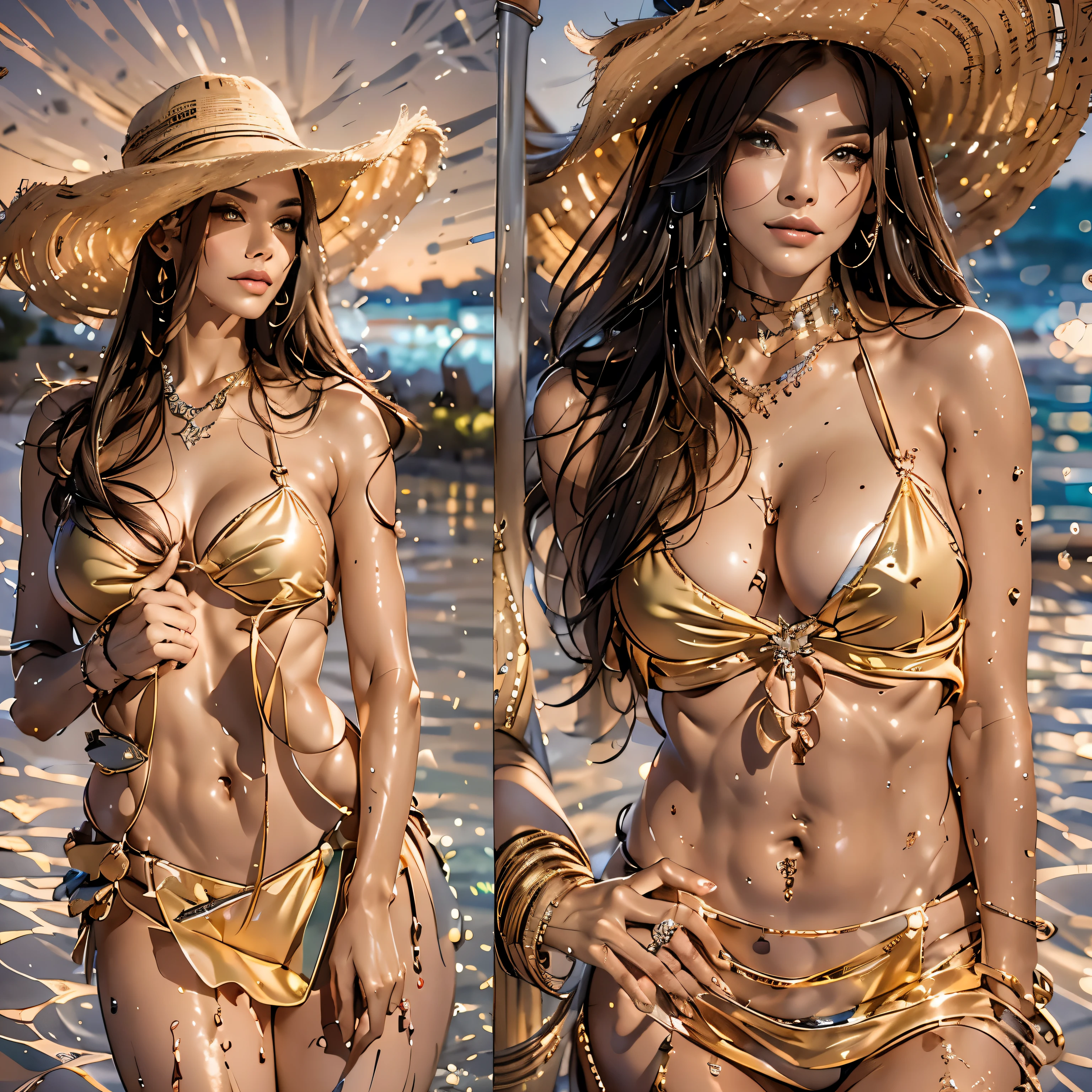 melhor qualidade, ultra-detalhado, realista, top model, ((new model low cut bikini))corte alto, lindo rosto e corpo detalhados, glamoroso, profissional, elegante, fundo de praia, cores vivas, charismatic expression of the model, pose feroz, straw hat, sexy looking, alta estilo de moda, obra-prima: 1.2, studio illumination, bokeh, ((micro bikini))