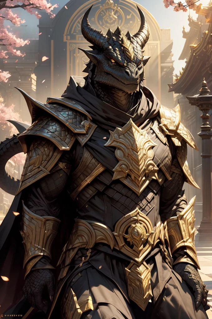 (black dragonborn, 1male, golden horns, solo portrait, black scales, scales, reptilian face, res eyes) tail, buff, golden armor, golden chest armor, golden gauntlets, golden gauntlets, black cloak, black robes, outside, in Japanesegarden, sitting on bench, cherry blossoms, close-up, standing outside, good lighting, daytime, infront of temple ((masterpiece, best quality)), art by greg rutkowski