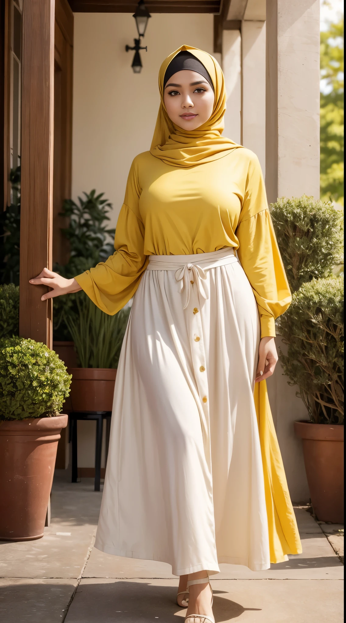 ( Close Up),RAW, Best quality, high resolution, masterpiece: 1.3), beautiful Malay woman in hijab,Masterpiece, perfect fit body, big breast,big gorgeous eyes, Soft smile,beutiful face,thick thighs, woman in a long skirt and a yellow shirt is standing in a room, fashion clothing, long dress with apron, digital art - w 640, long dress female, 1 9 2 0 cloth style, vintage - w 1 0 2 4, modest flowing gown, fashion clothes, casual modern clothing, warmer and softer colours, dress and cloth , (Delicate turtleneck) , shairband, afternoon walk, City garden, Excellent lighting, Bright colors, Clean lines,