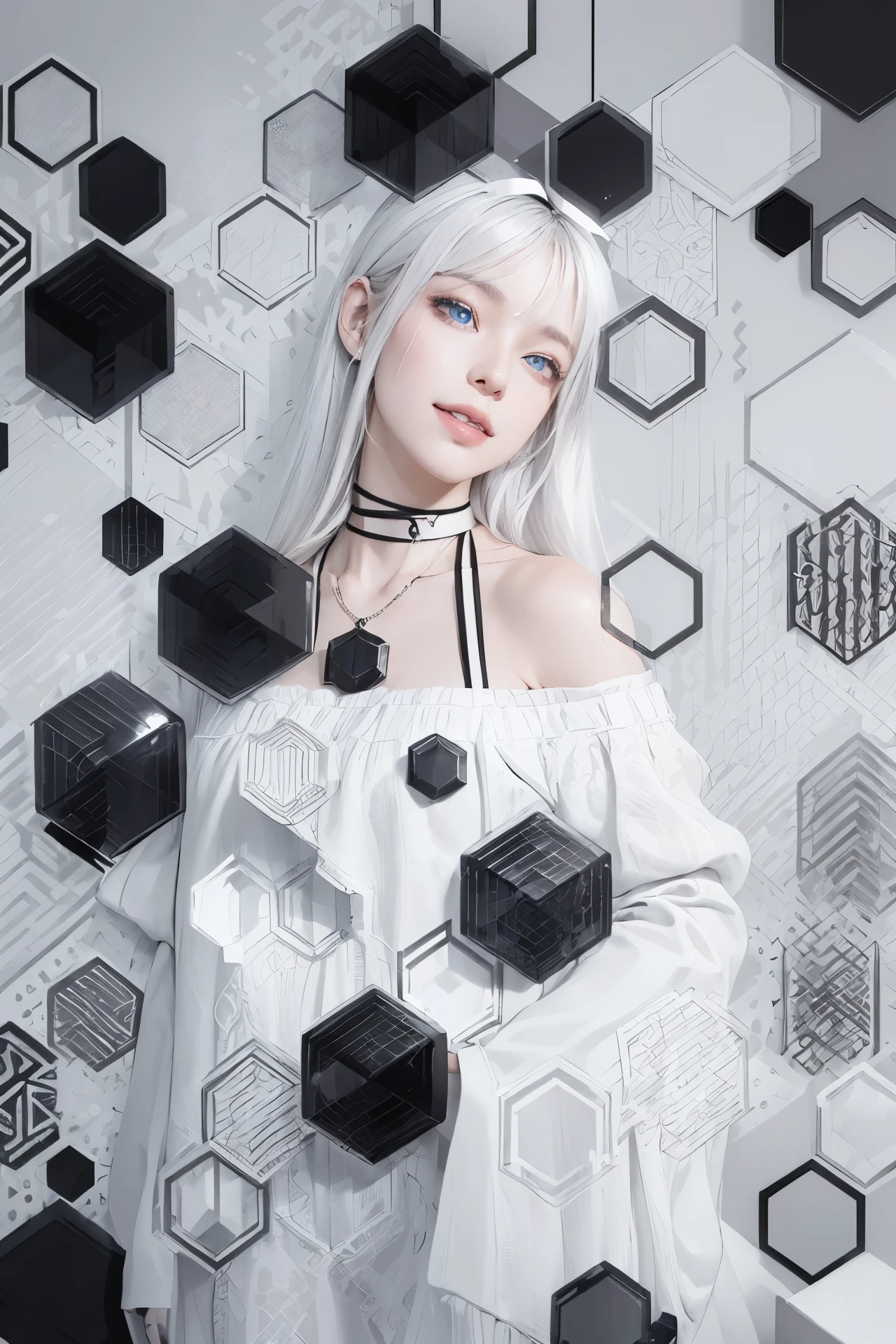 (Realistic:1.8), (Digital art:0.2), (Geometric art:1.7),(agpi official art, beautiful and aesthetic, ultra detailed, beautiful, masterpiece, best quality:1.6), (1girl:1.2), Detailed face, Detailed eyes, Detailed hair, young fingers, Detailed fingers, five fingerREAK cute ig model, Japanese cute model, 22 years old, Tightened all body, small head, small face, small mouth, diamond Face, small nose, Sharp Faceline, (dropy eyes, Double eyelid, Light color eyes, Glossy eyes, Shiny eyes:1.2), Shiny skin, shiny hair, (gray hair:1.2),
_
BREAK (happy, smile, Teeth, Glossy Lip:1.2),beautiful Teeth, (upper body:1.5), from side,
_
BREAK (background:1.4), (minimalistic black and white cityscape:1.5),
(pose:1.3), (dynamic walking with flowing hair:1.3), (camera focused on full body:1.2),
(view:1.2), (angled view from below, emphasizing skyscrapers:1.2),
BREAK
(black theme:1.3), (flowing asymmetrical black dress:1.3), (white knee-high boots with black accents:1.2),
BREAK
(white theme:1.3), (white wide-brimmed hat with black ribbon:1.3), (black leather gloves:1.2), (simple black choker:1.2),