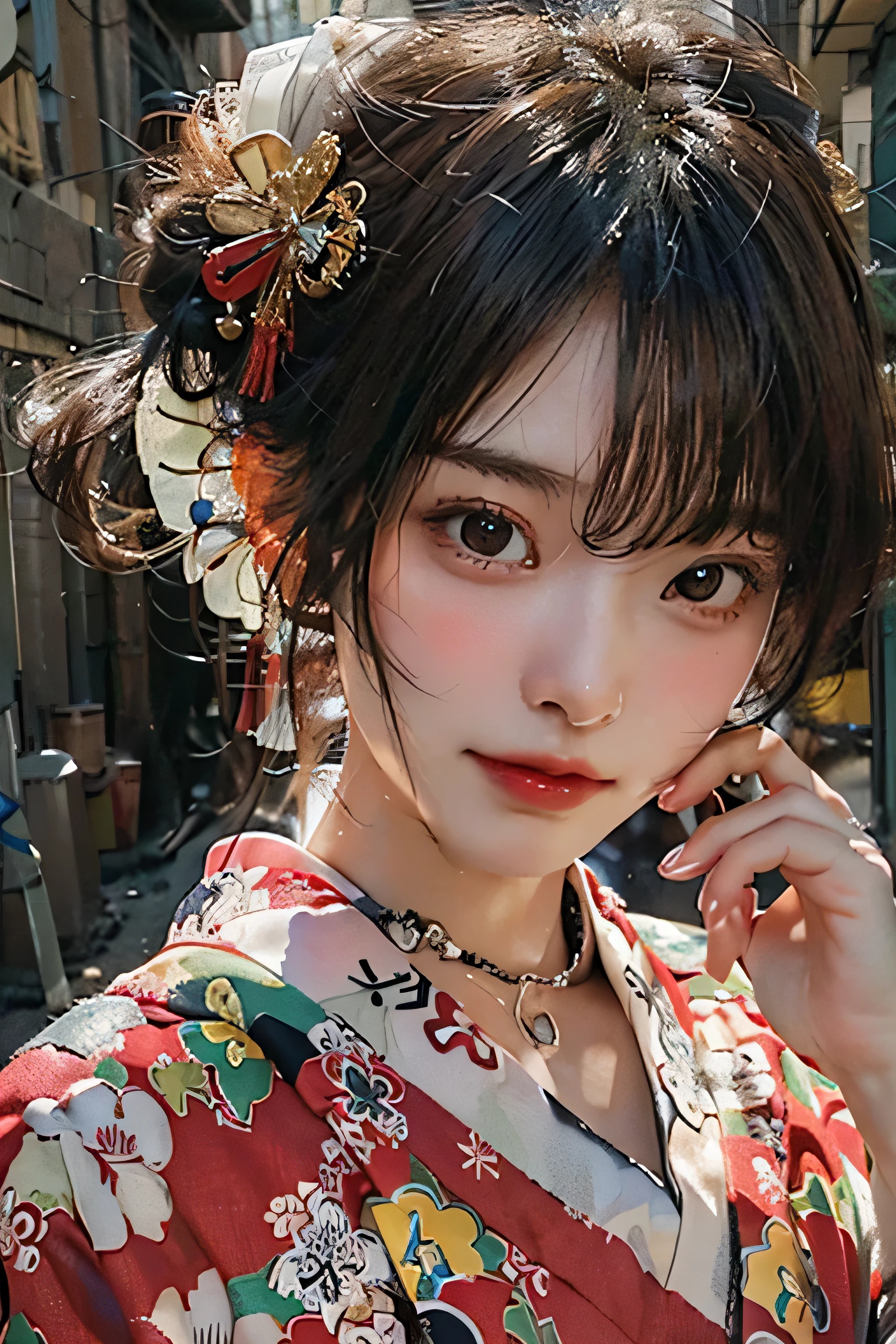 (top-quality,8K picture quality,masterpiece:1.3,hight resolution,masutepiece:1.2), Front view:0.8, Looking at Viewer, 23-year-old woman, Looking at the camera,((Japanese dress, Kimono:1.4,a choker:1.4),(Short bob hair:1.2,A dark-haired), (Back alley:1.3), Cinematic,(Young gravure idols, Young skinny gravure idol, sophisticated gravure idol),(detailed flawless face),normal hands,Normal finger,Normal legs