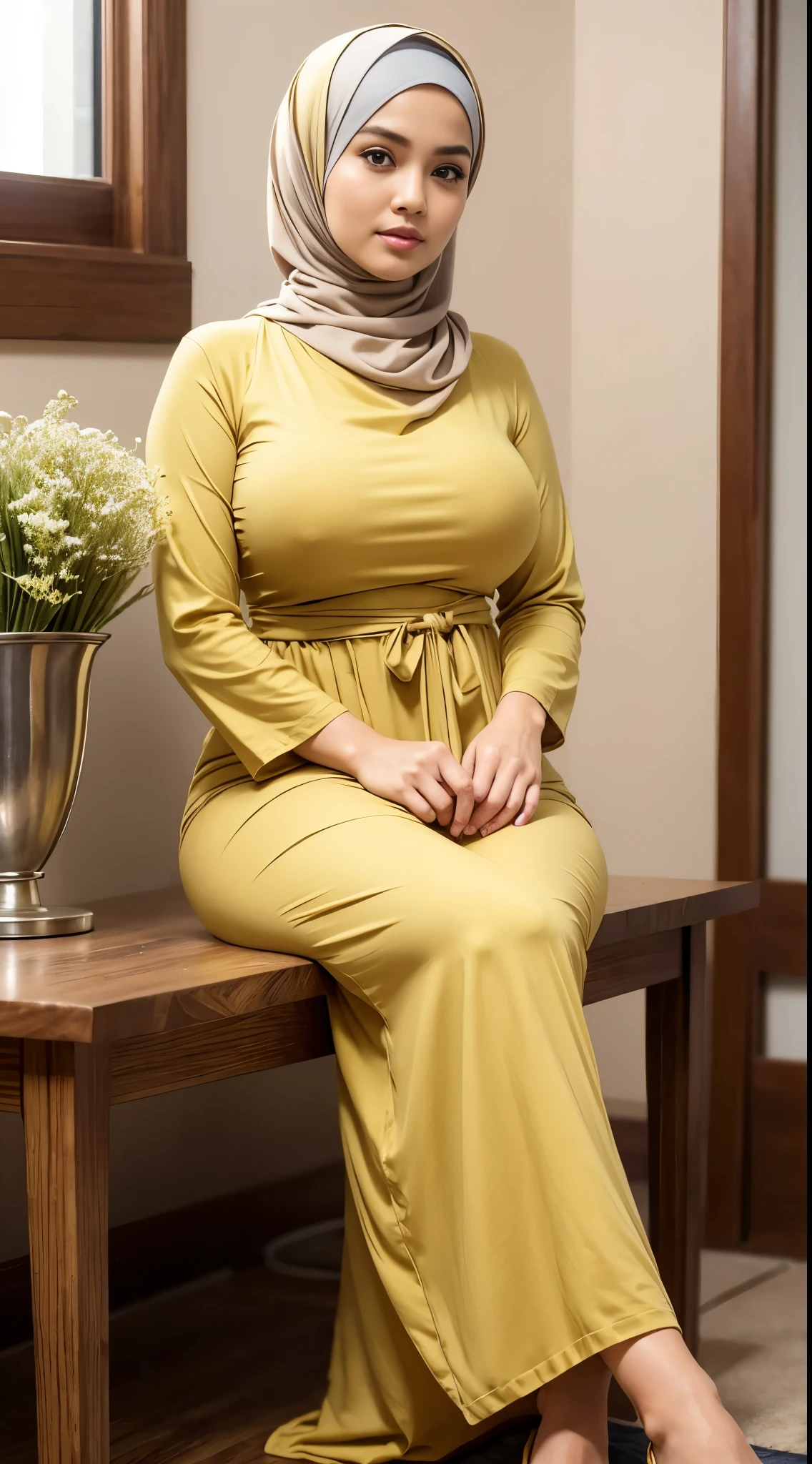( Close Up),RAW, Best quality, high resolution, masterpiece: 1.3), beautiful Malay woman in hijab,Masterpiece, perfect fit body, big breast,big gorgeous eyes, Soft smile,beutiful face,thick thighs, sitting, woman in a long skirt and a yellow shirt is standing in a room, fashion clothing, long dress with apron, digital art - w 640, long dress female, 1 9 2 0 cloth style, vintage - w 1 0 2 4, modest flowing gown, fashion clothes, casual modern clothing, warmer and softer colours, dress and cloth , (Delicate turtleneck) , shairband, afternoon walk, City garden, Excellent lighting, Bright colors, Clean lines,